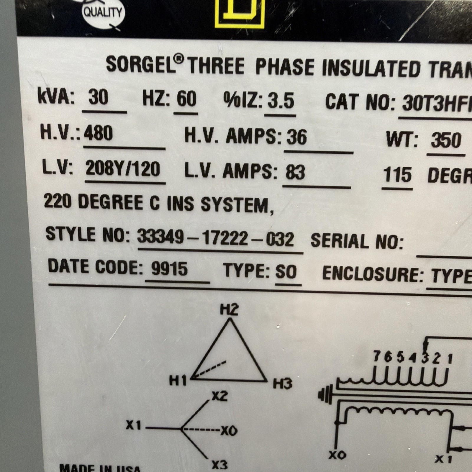Square D 30kVA 480V Transformer 3PH 60HZ 208Y/120V 30T3HFISNLP 🟦