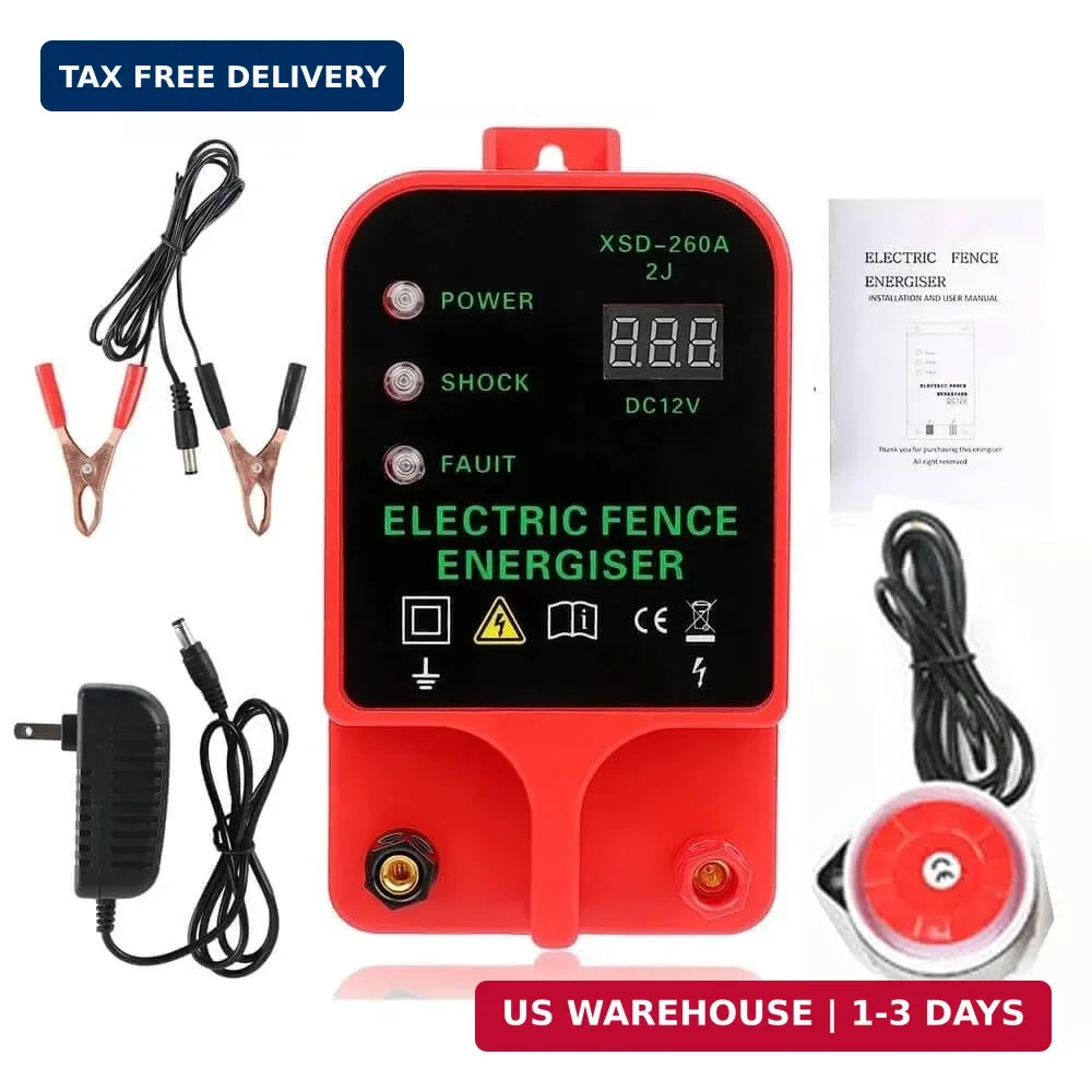 10KM 2J Portable Electric Fence Energizer, Waterproof Fence Charger for Livestoc