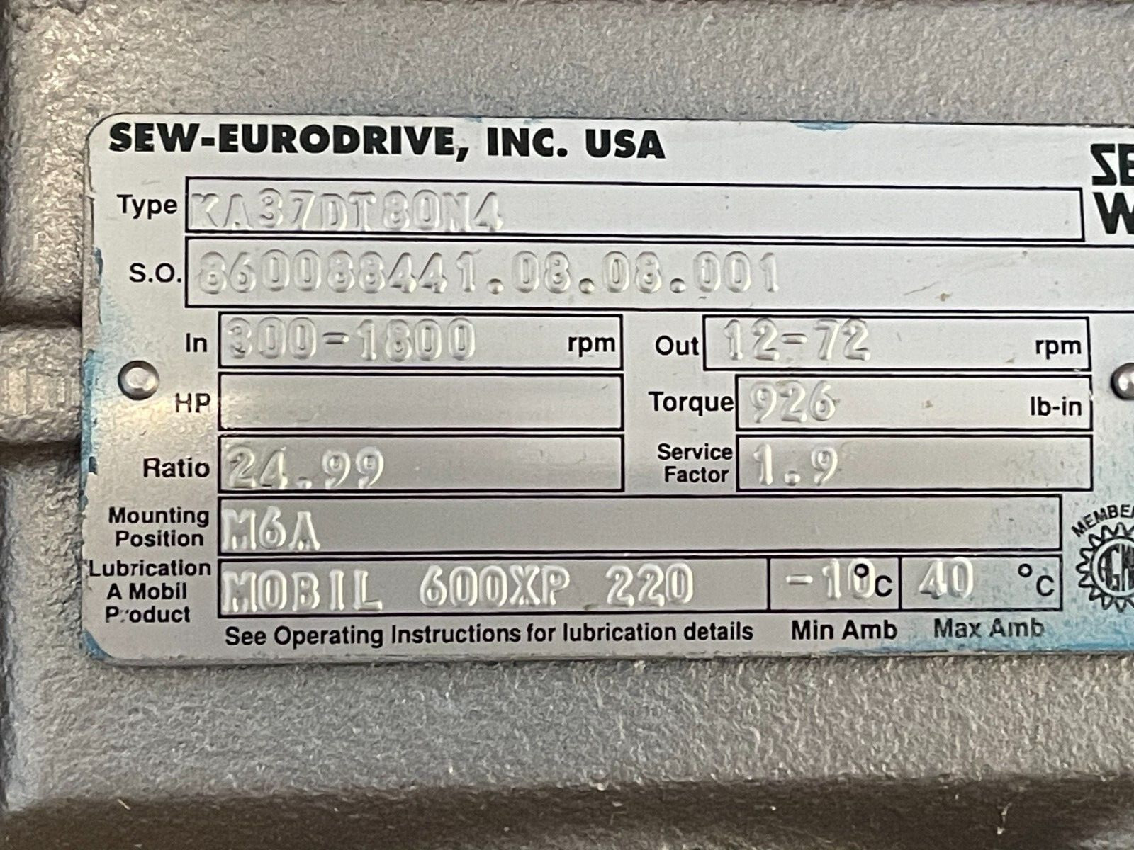 SEW-EURODRIVE TYPE KA37DT80N4 NF 4 311 24.99 RATIO MOTOR GEAR MOTOR