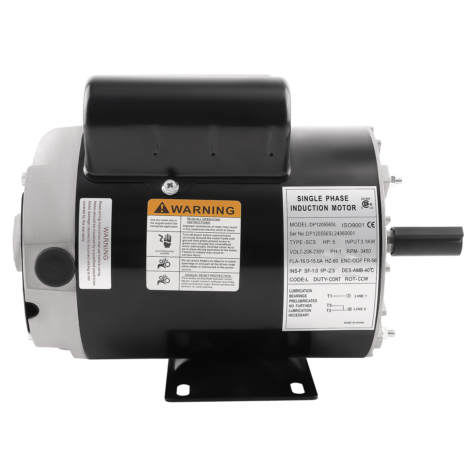 5HP SPL Air Compressor Motor 230V 3450RPM 56 Frame CCW Rotation 5/8″ Keyed Shaft
