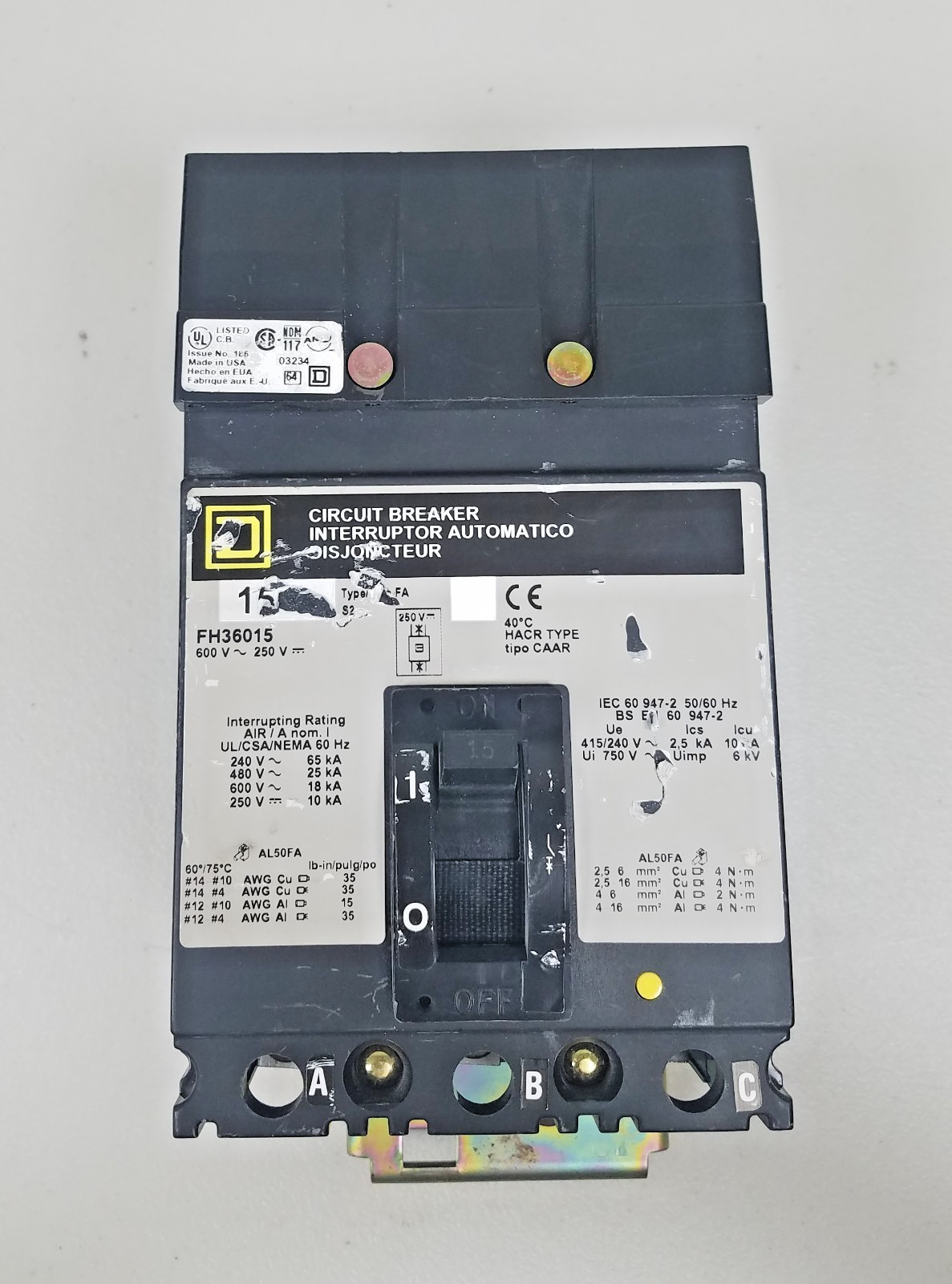 Square D FH36015 15A 3-Pole AC I-Line Circuit Breaker 600V On/Off Switch No Box