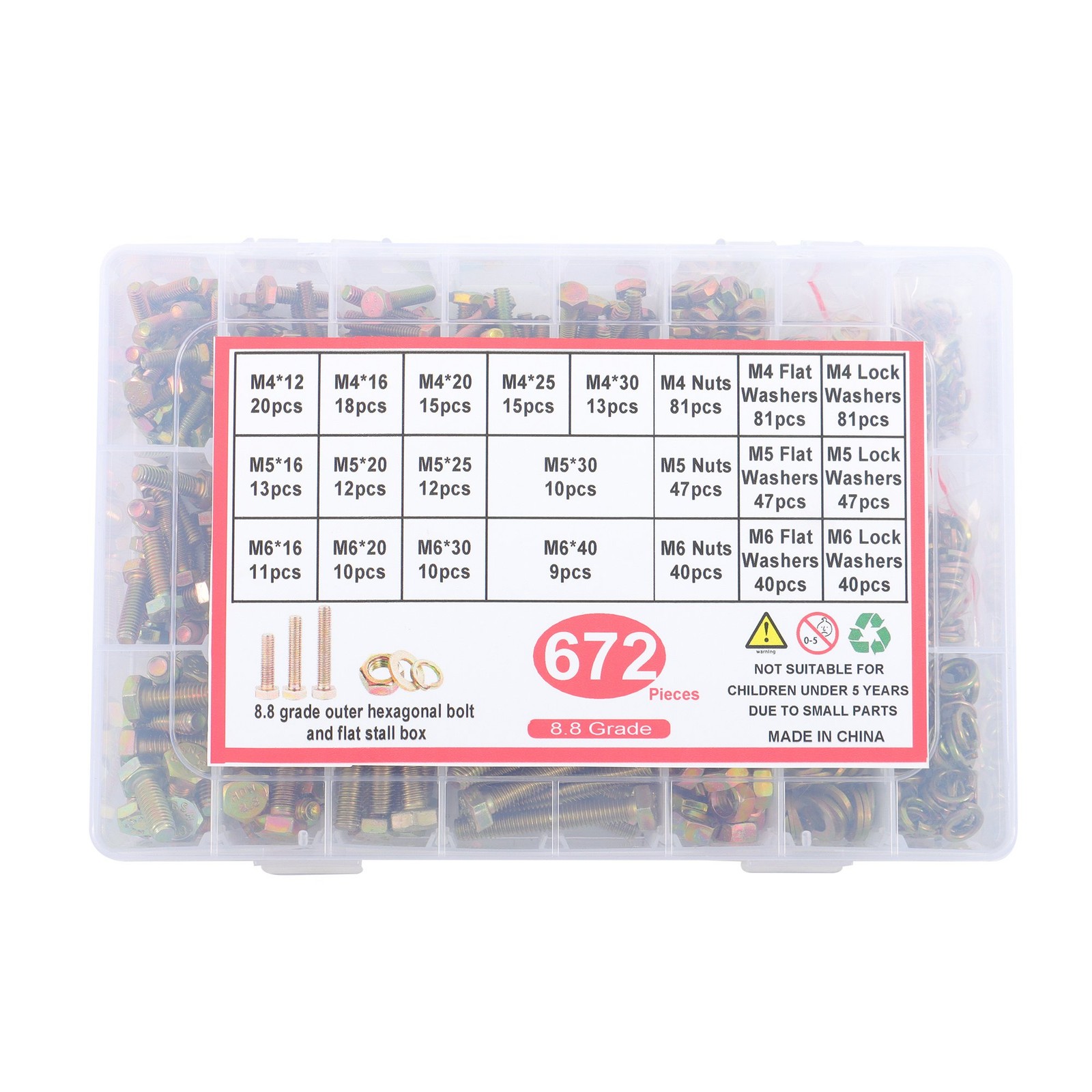 672 Pack Metric Bolts Nuts Assortment Kit Hex Head Grade 8.8 Alloy Steel
