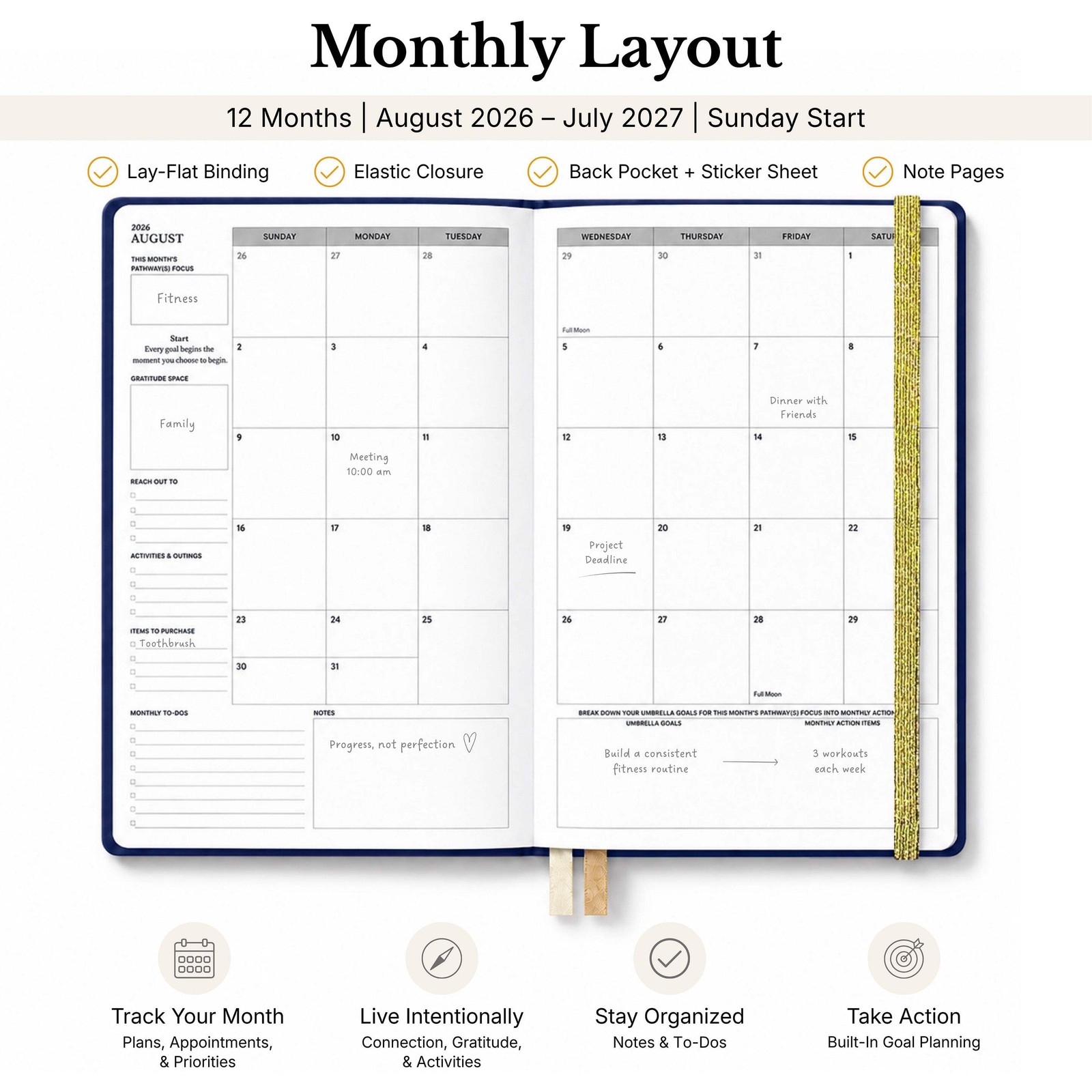 2026-2027 Mid-Year Monthly Weekly Softbound Planner August Start Agenda
