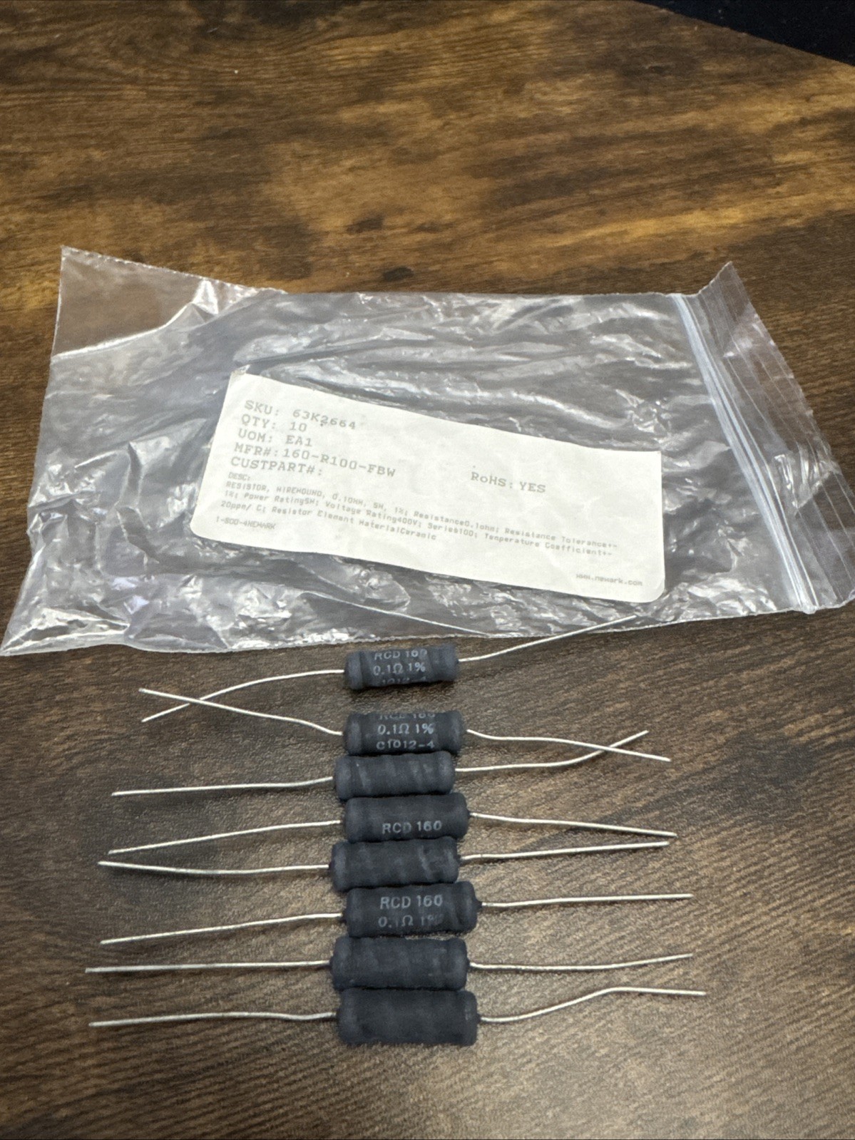 8-Pack RCD 160-R100-FBW 0.1 ohm, 100 mohm 5 watt 1% Wirewound Resistors