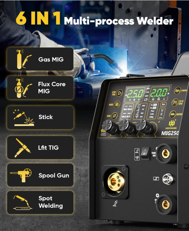 6in1 Gasless MIG Welder Spot/Lift TIG/Stick/Gas MIG 250A 110V/220V for Aluminum