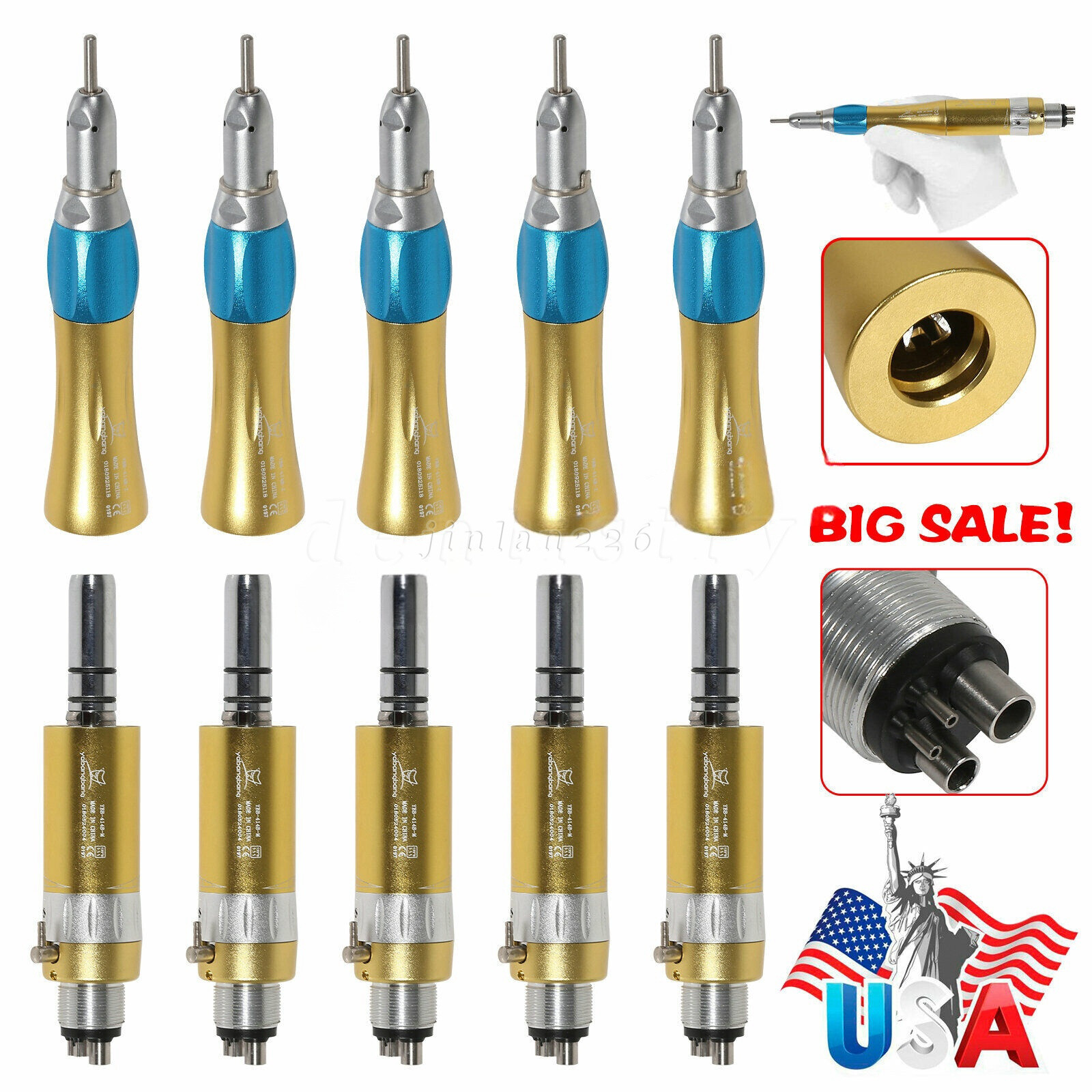 NSK Style Dental Slow Low Speed Straight NoseCone 4Hole Air Motor Handpiece Gold
