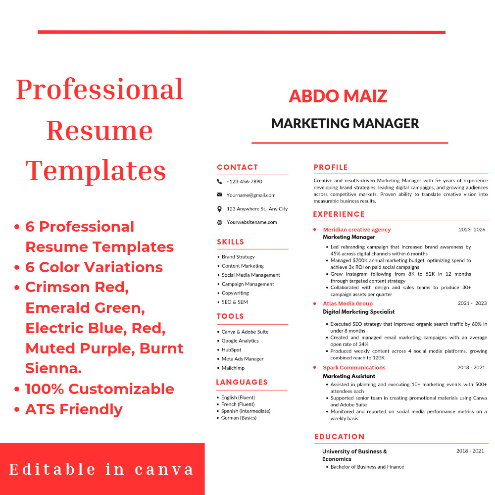 6x Professional Resume Templates Canva CV Template Pack Modern Job Resume 2026