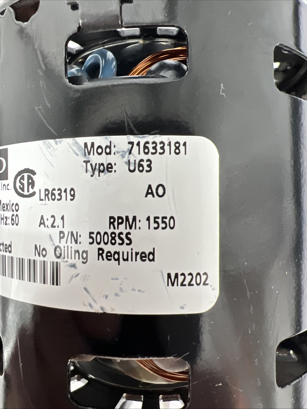 FASCO 71633181 Inducer Fan Motor, Type U63, 115V, 60Hz, 5008SS, 2.1A, LR6319