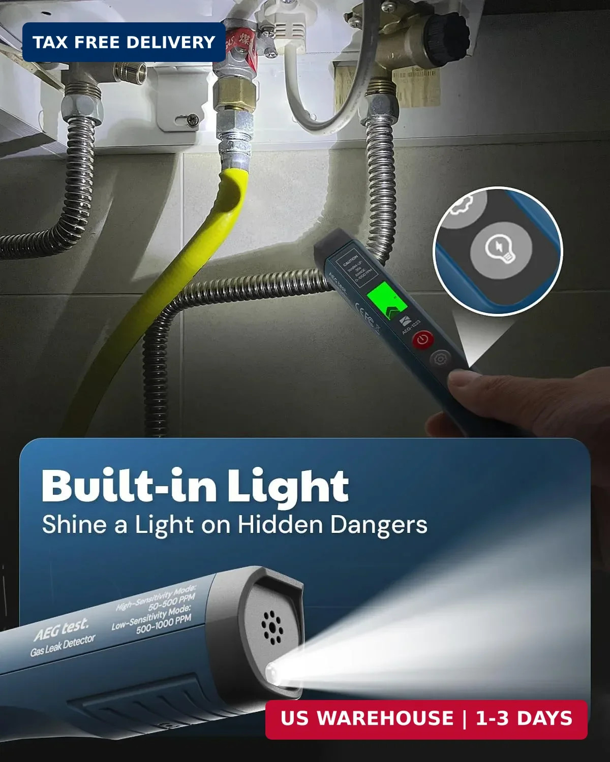 1223 Gas Leak Detector with Visual & Audible Alarm, Built-in Light, Natural Gas