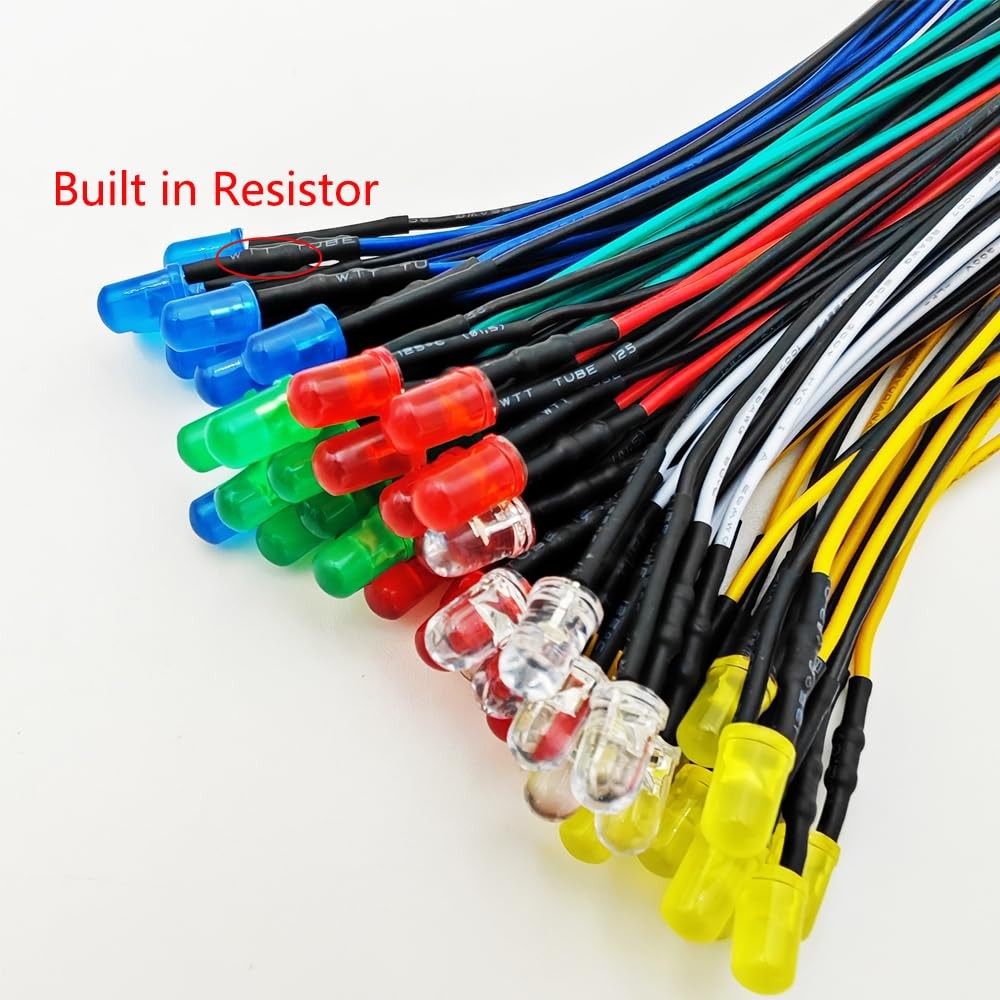 50pcs 5mm Red, Yellow, Green, Blue, White LED Lights, 12VDC Prewired 7.8 Inch…