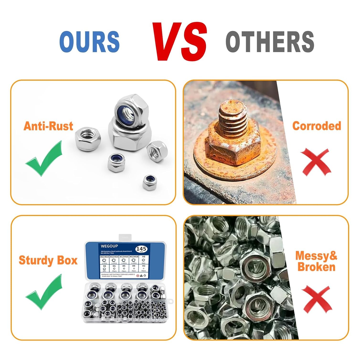 145 PCS Metric Nylon Insert Lock Nuts Kit M3–M12 304 Stainless Steel Hex Set