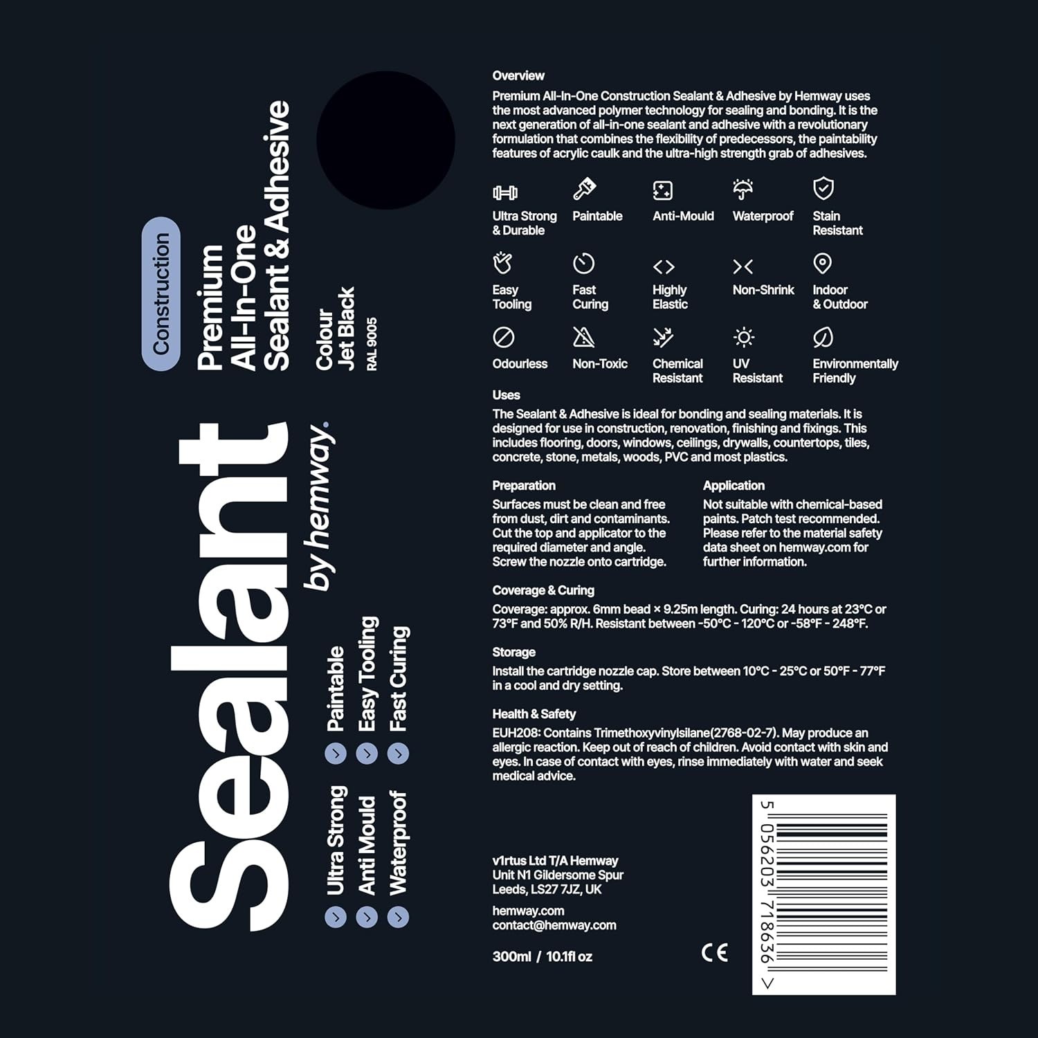 High-Performance Jet Black Sealant & Adhesive – Eco-Friendly, 300 ml Pack