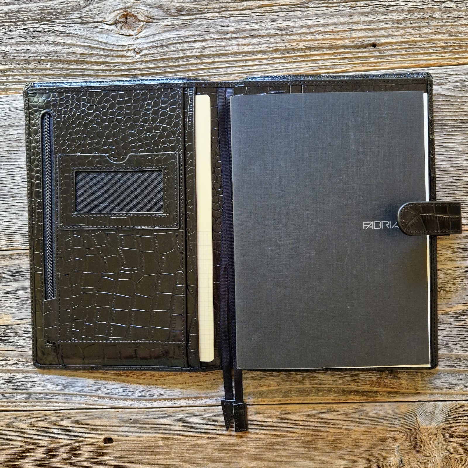 Fabriano A5 Black Crocodile-Embossed Leather Writing Case w/ 2 Notepads