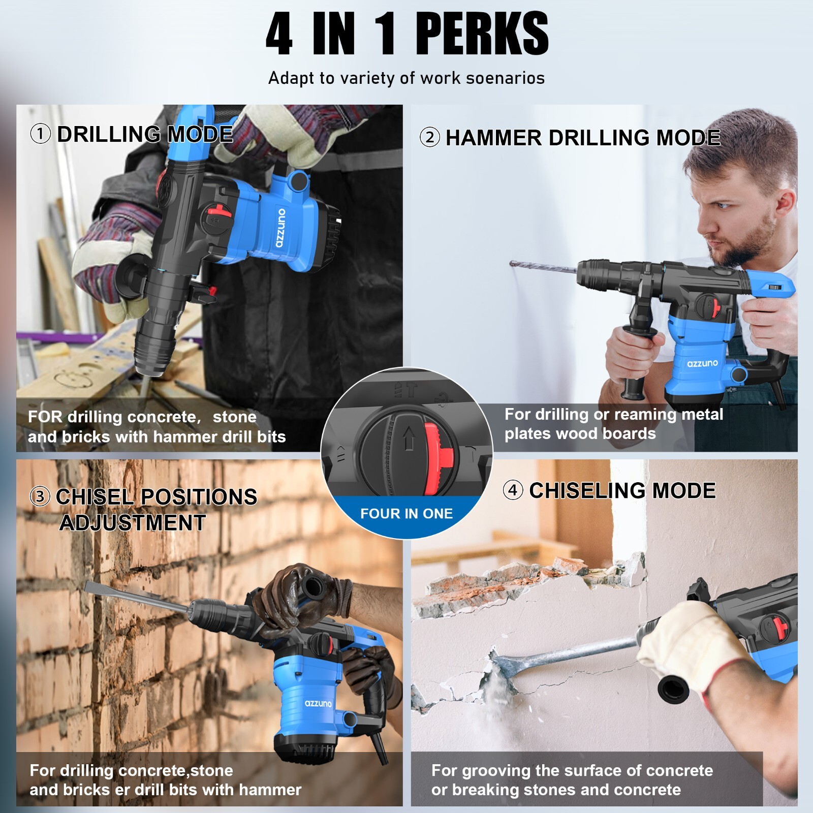 Heavy Duty Rotary Hammer Drill 15 Amp 1-1/4″ SDS-Plus 4 Modes Chipping Hammers