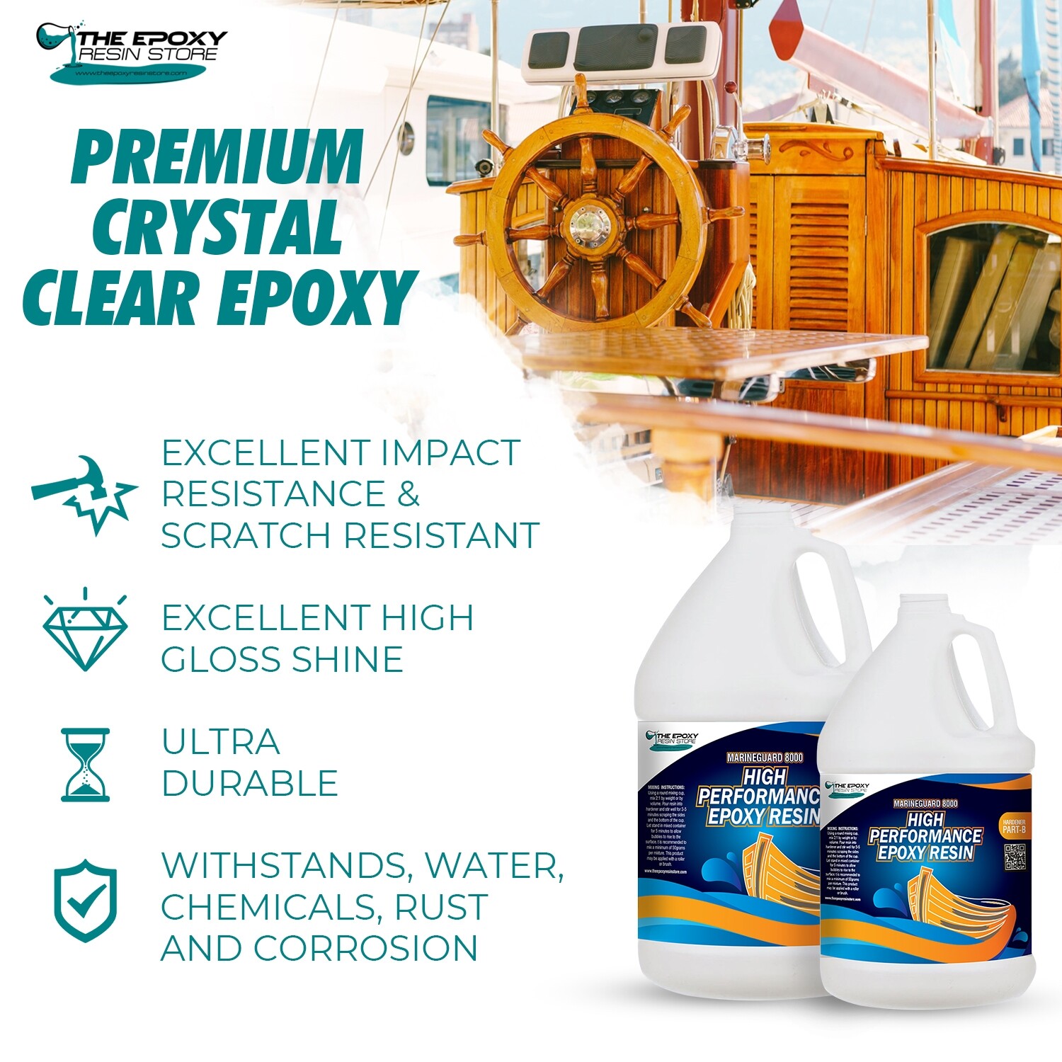 MARINEGUARD 8000 – CLEAR EPOXY RESIN, TABLETOPS, CONCRETE, FIBERGLASS -1.5 GAL