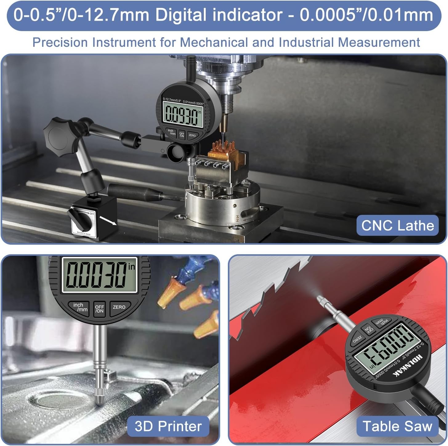 HDLNKAK Digital Dial Indicator Gauge 0.5″/12.7mm,Resolution:0.0005»/0.01mm | El