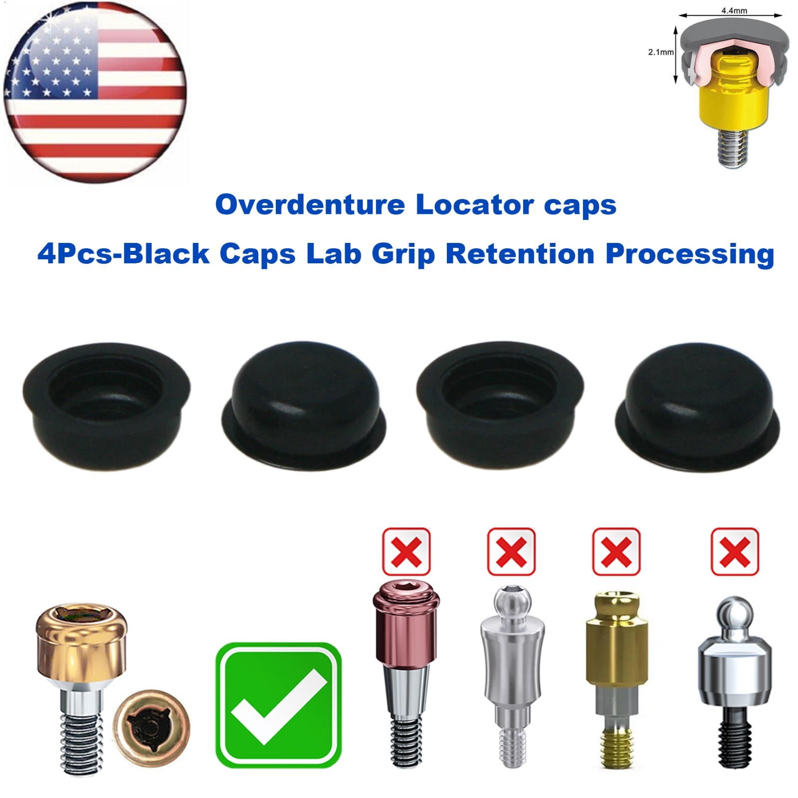 US Dental Overdenture Locator Core Tool Retention Male Caps For Abutment Inserts