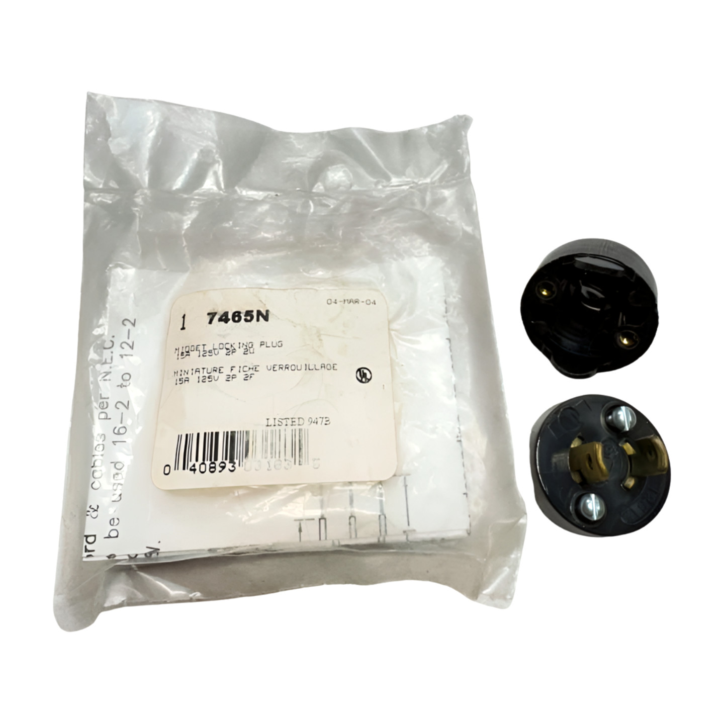 Arrow Hart 7465N Midget Locking Male Plug, 15A, 125V, 2-Pole, 2-Wire