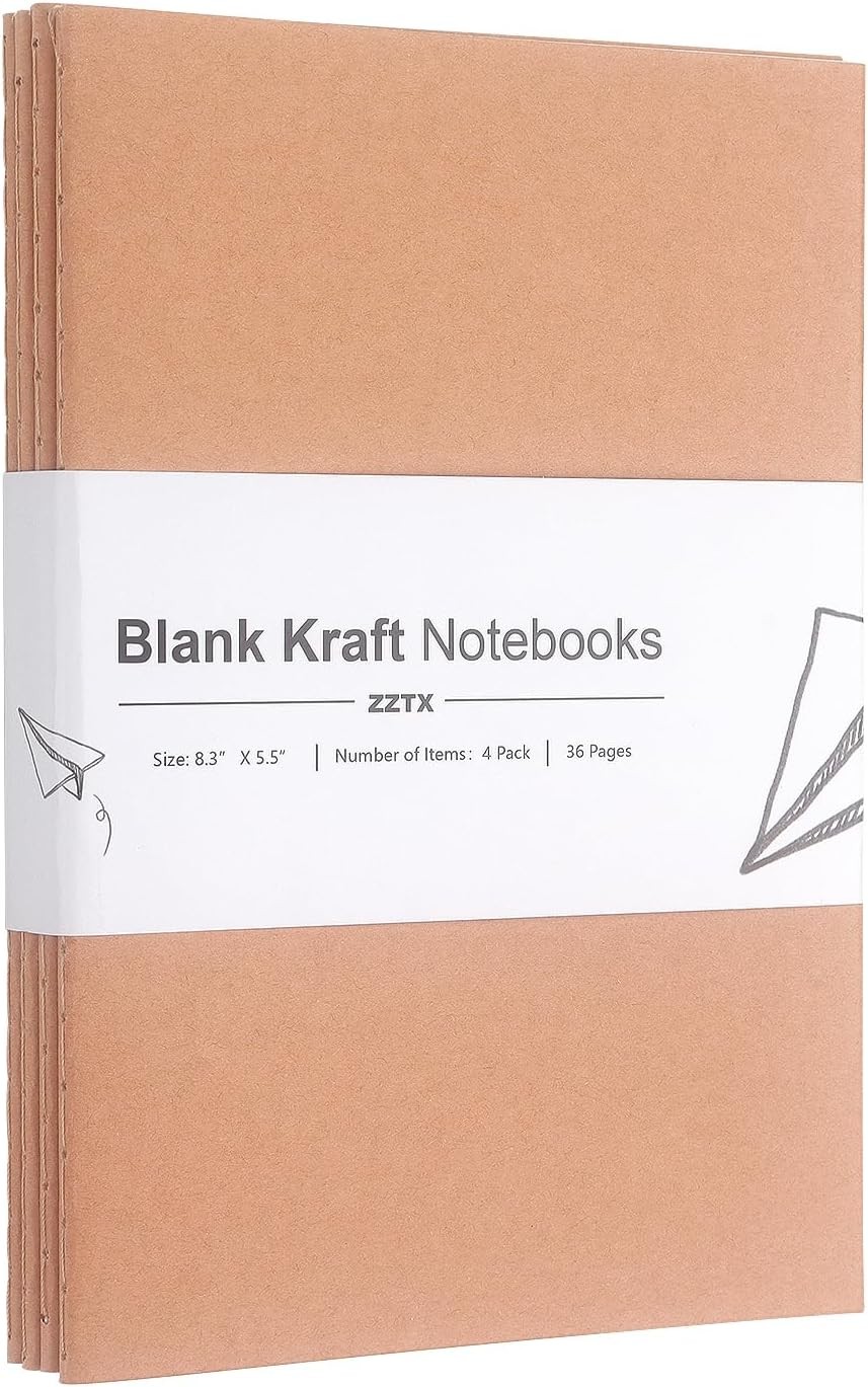 ZZTX 4 Pack Blank Kraft Notebooks, Blank Paper Sketchbooks for Drawing Doodling