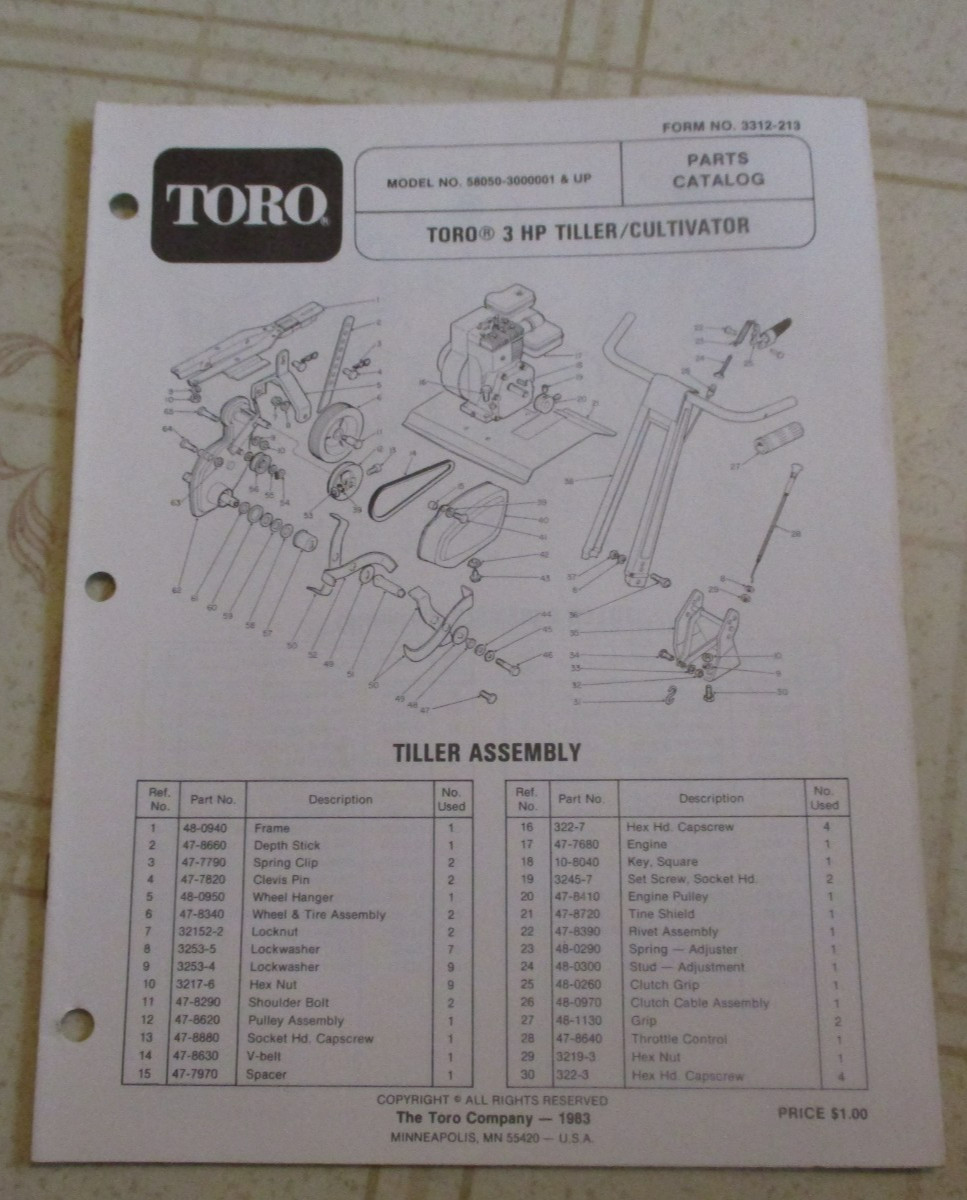 Toro 3 hp tiller cultivator 58050 Parts Catalog Manual
