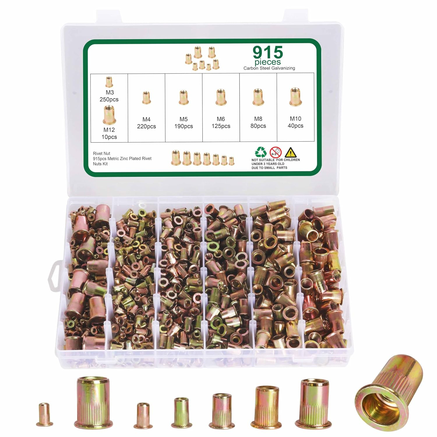 Metric Rivet Nut Assortment Kit M3 M4 M5 M6 M8 M10 M12 Carbon Steel 915 Pcs