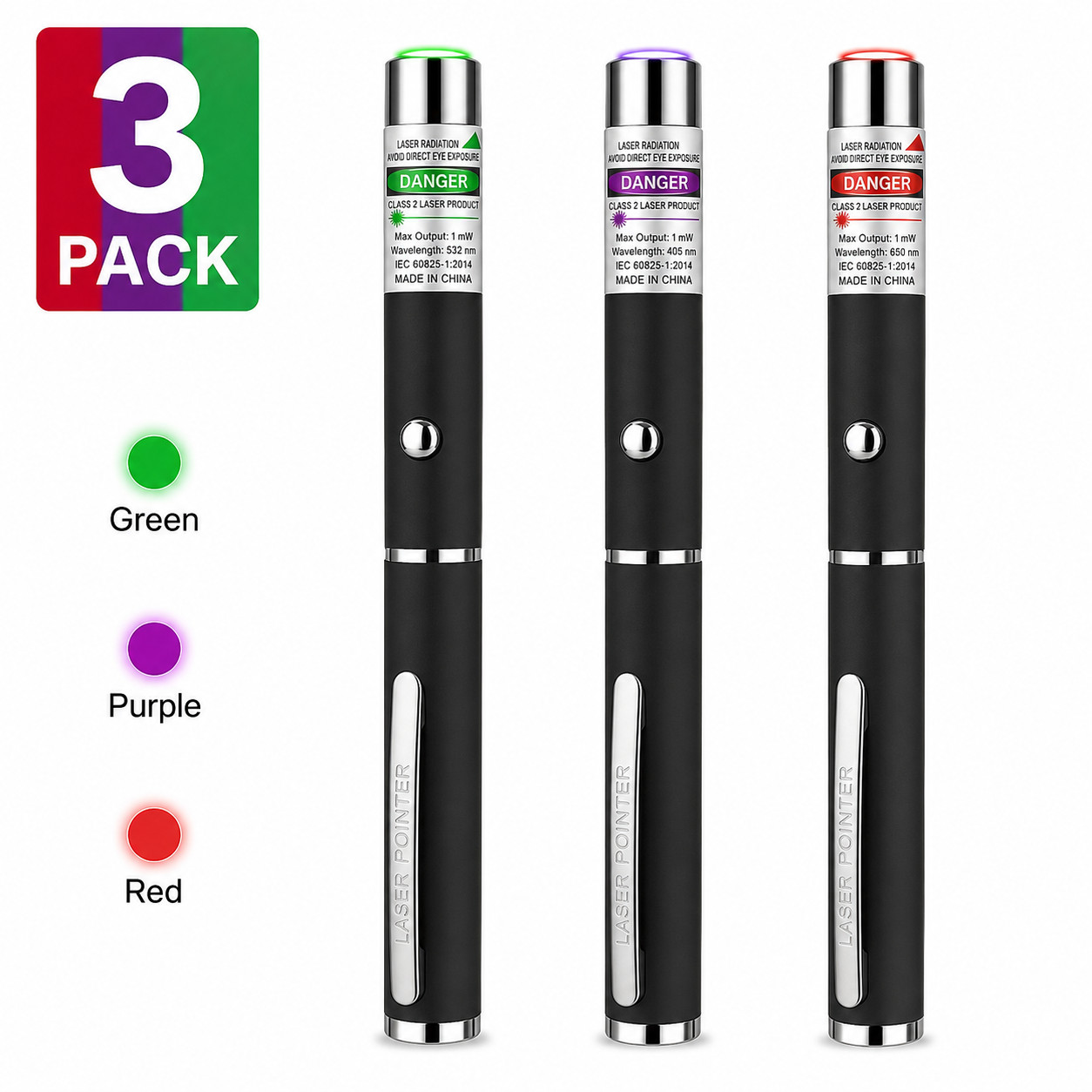 3 Pack Class II Presentation Laser Pointer Pens Red Green Violet 1mW AAA