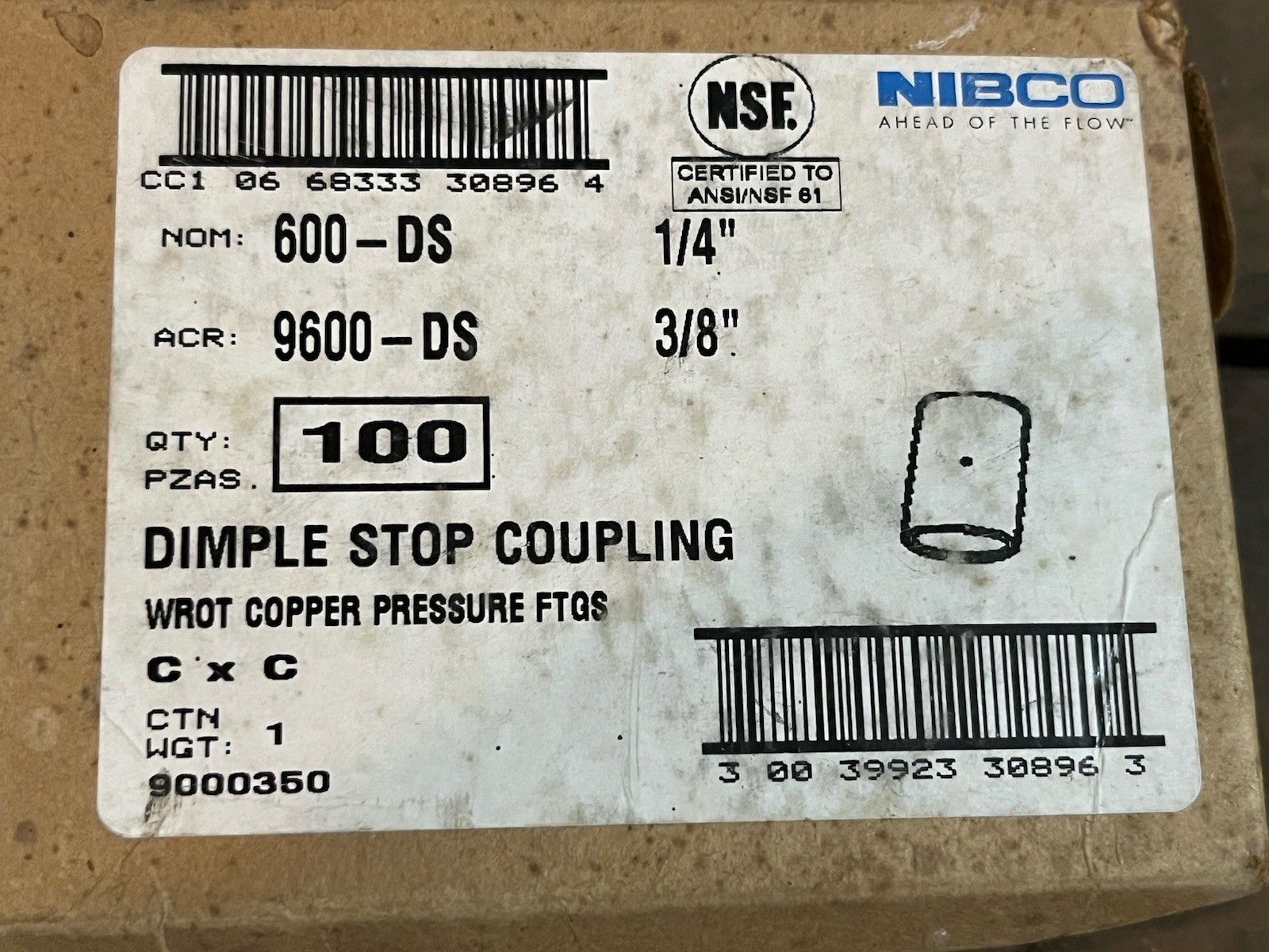 NIBCO 600-DS/9600-DS 1/4 3/8 Dimple Stop Couplings Copper Fittings, Box of 88