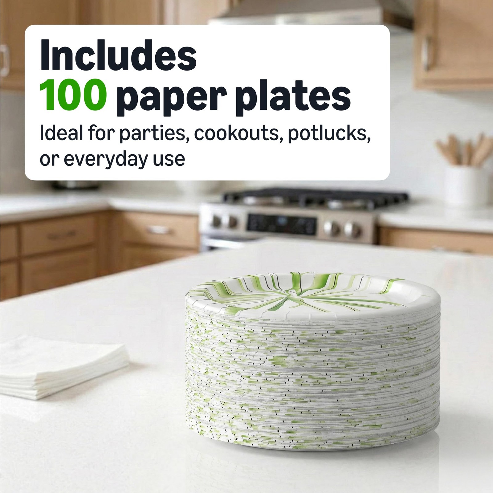 Amazon Basics Everyday Disposable Paper 100 Count (Pack of 1), White,Green