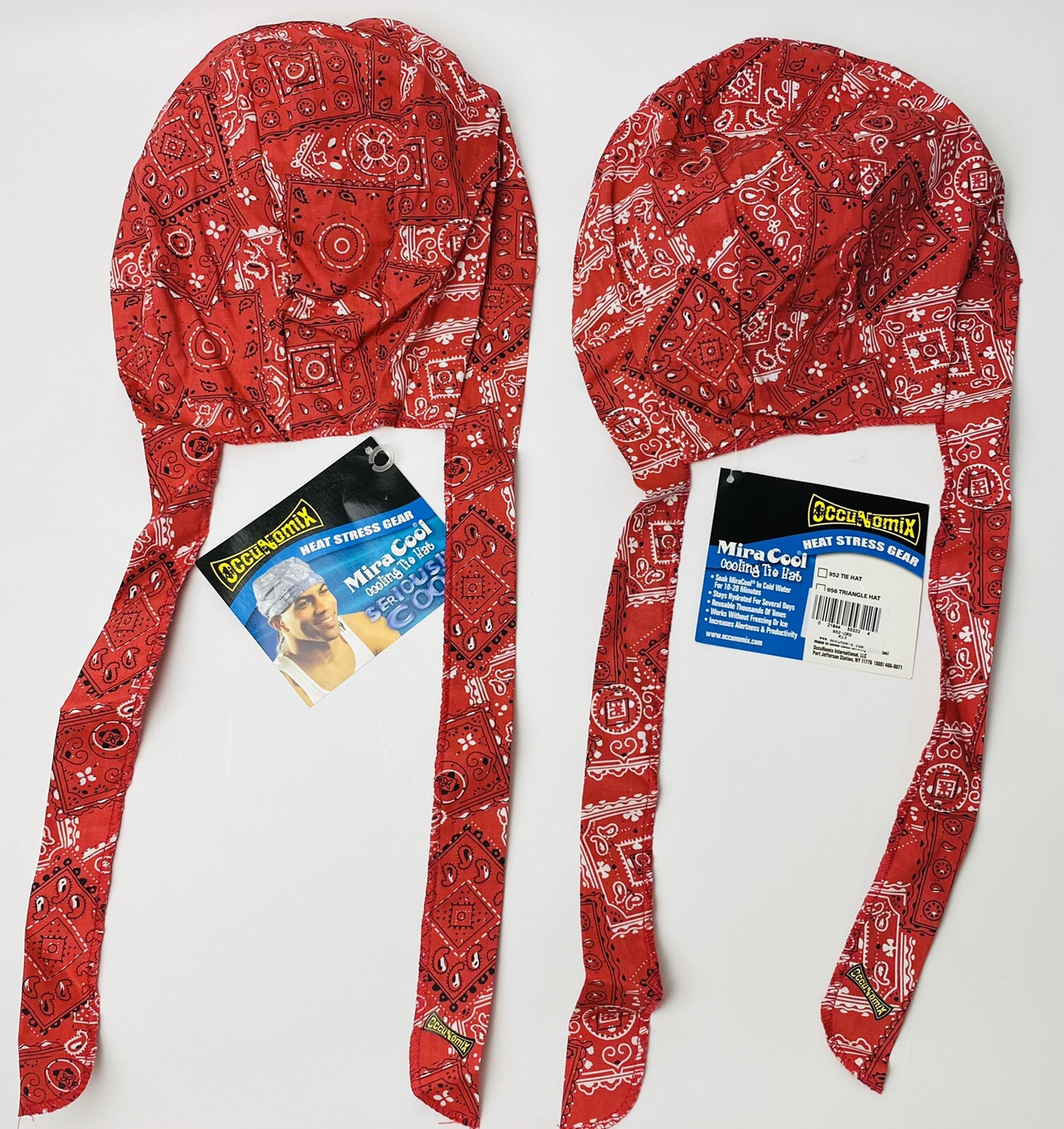 2 Caps OccuNomix Miracool-Cowboy Red Cooling Cotton Tie Hat / Cap Bandana
