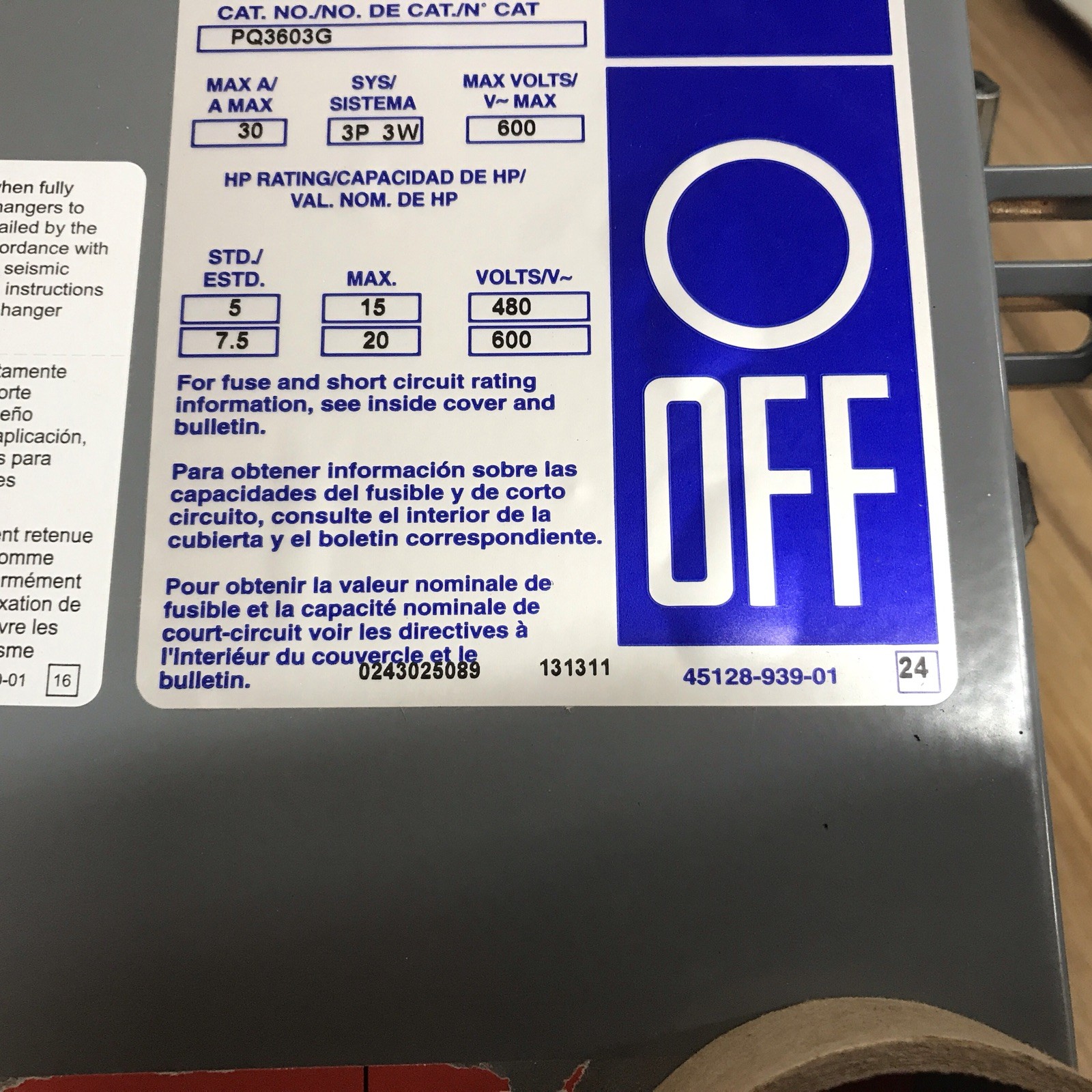 SQUARE D PQ3603G 30A 600V 3Ph 3W NEW OPEN BOX OLD STOCK