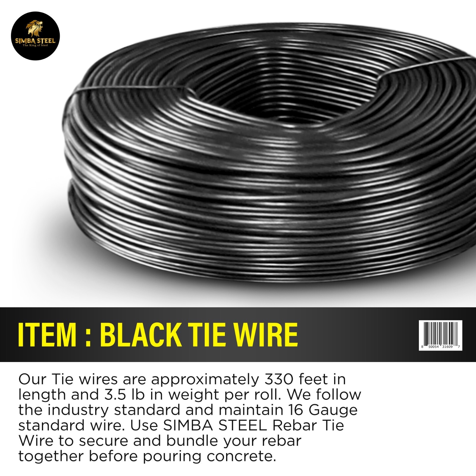 Lot of 3 x 3.5 lb Black Annealed Rebar Tie Wire 16 Gauge, (990ft) SIMBA STEEL