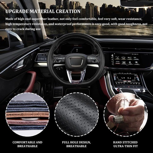 Steering Wheel Cover Lace Up, Stitch On Wrap, Breathabl Color: Full hole-Black