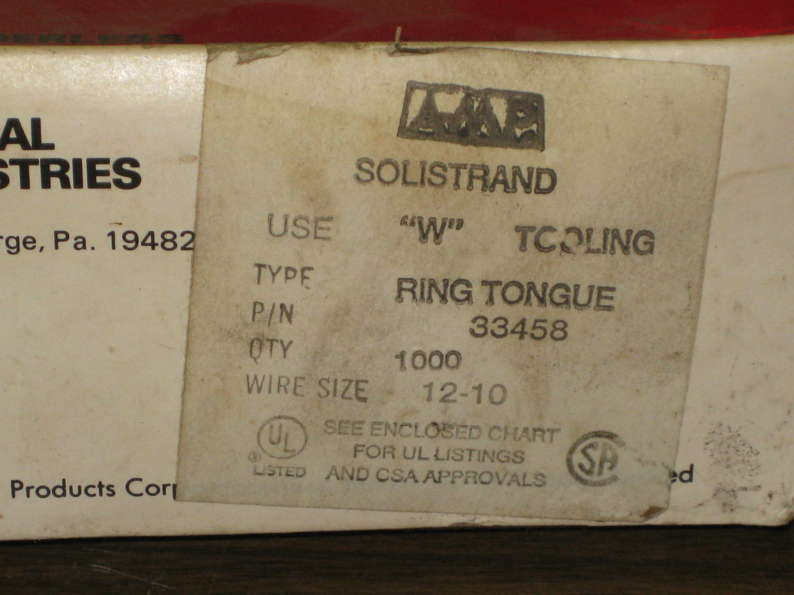BOX (100) AMP Solistrand Electrical Connector Ring Tongue Copper 12-10 AWG 33458