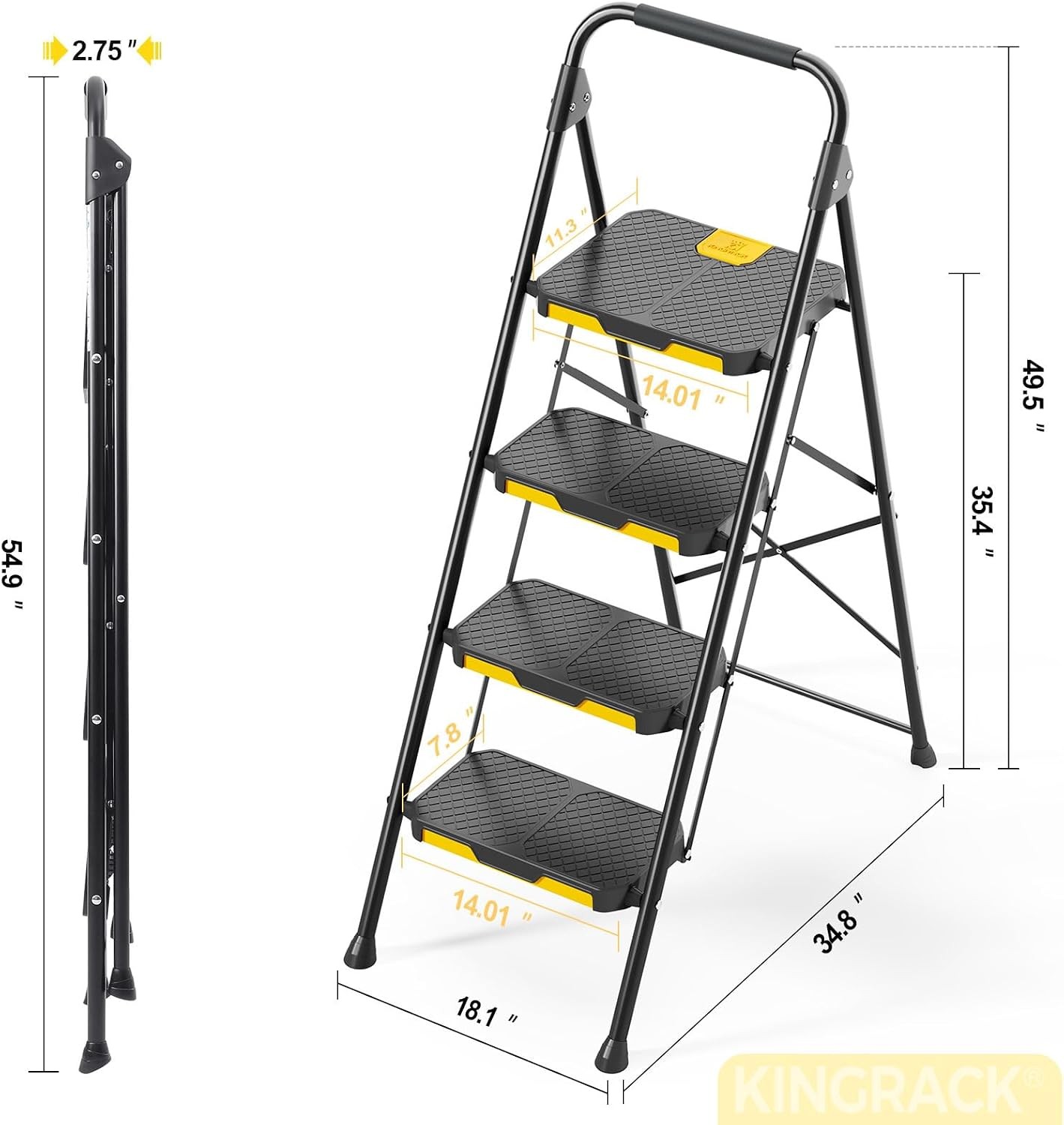 4 Step Ladder, Sturdy Steel Step Stool with Safe-Lock Design,Handrail, Anti-Slip