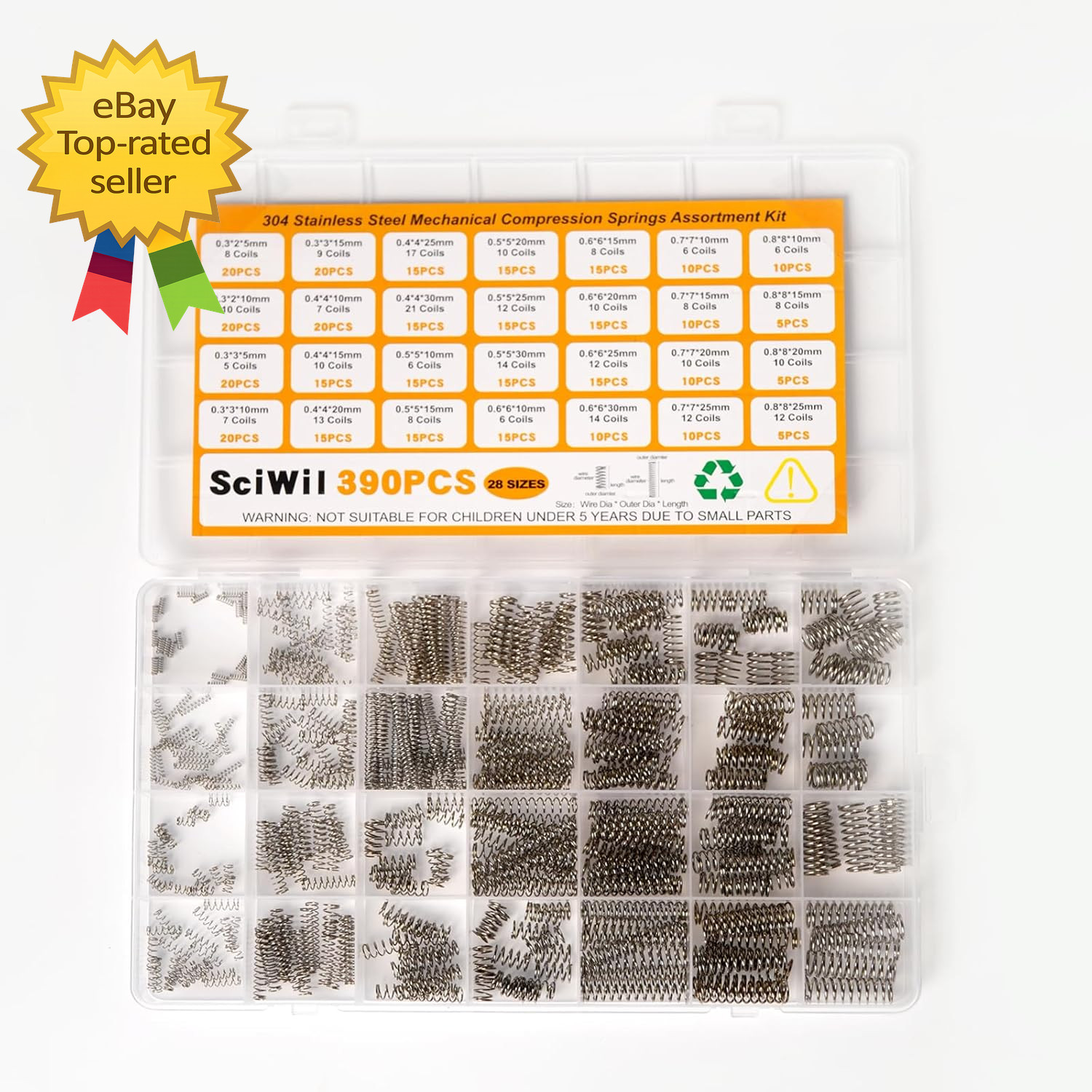 390 Piece Compression Spring Assortment Kit 28 Sizes Stainless Steel Set