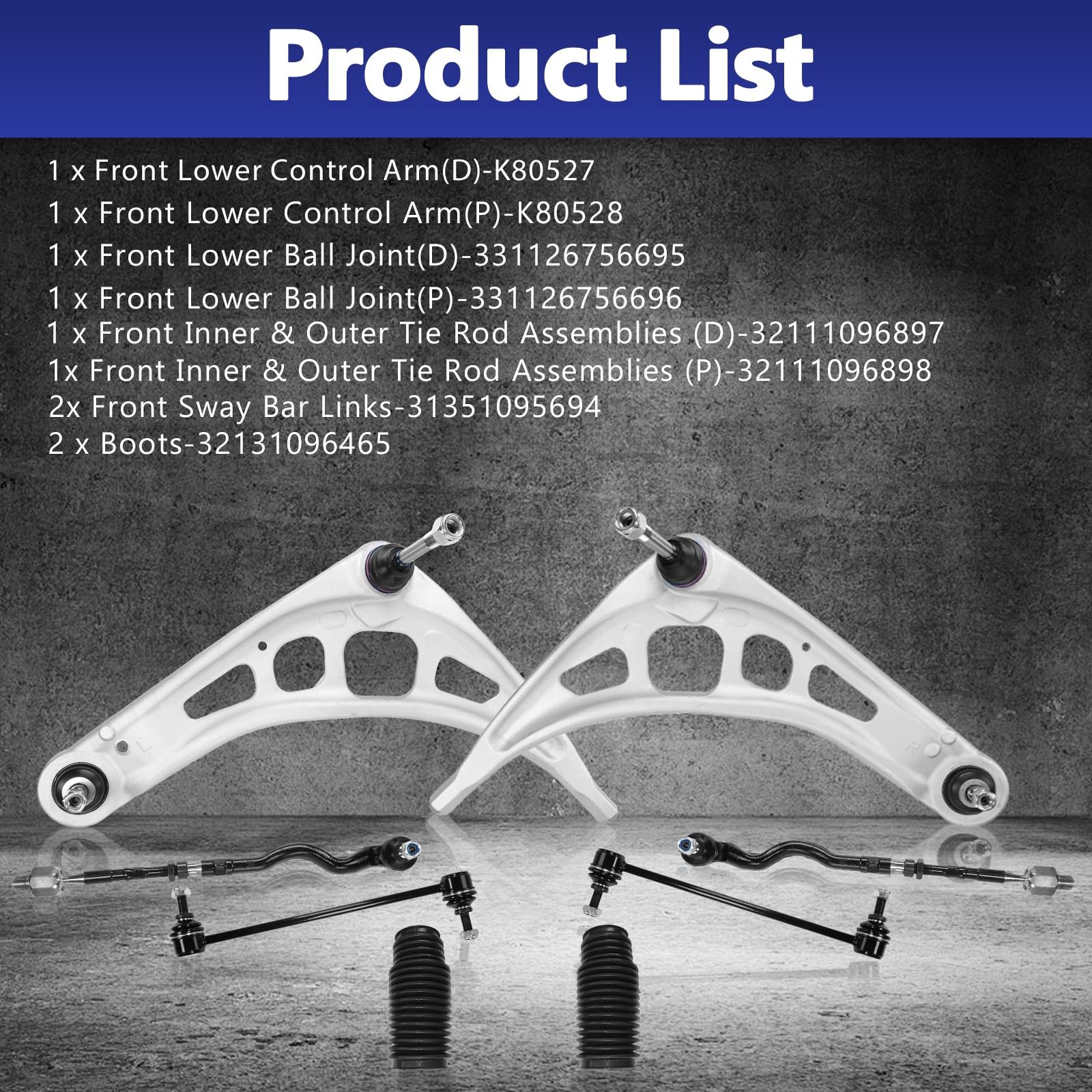 8Pcs Front Lower Control Arms Tie Rod Sway Bar Link Bushings Boots BMW E46 99-08