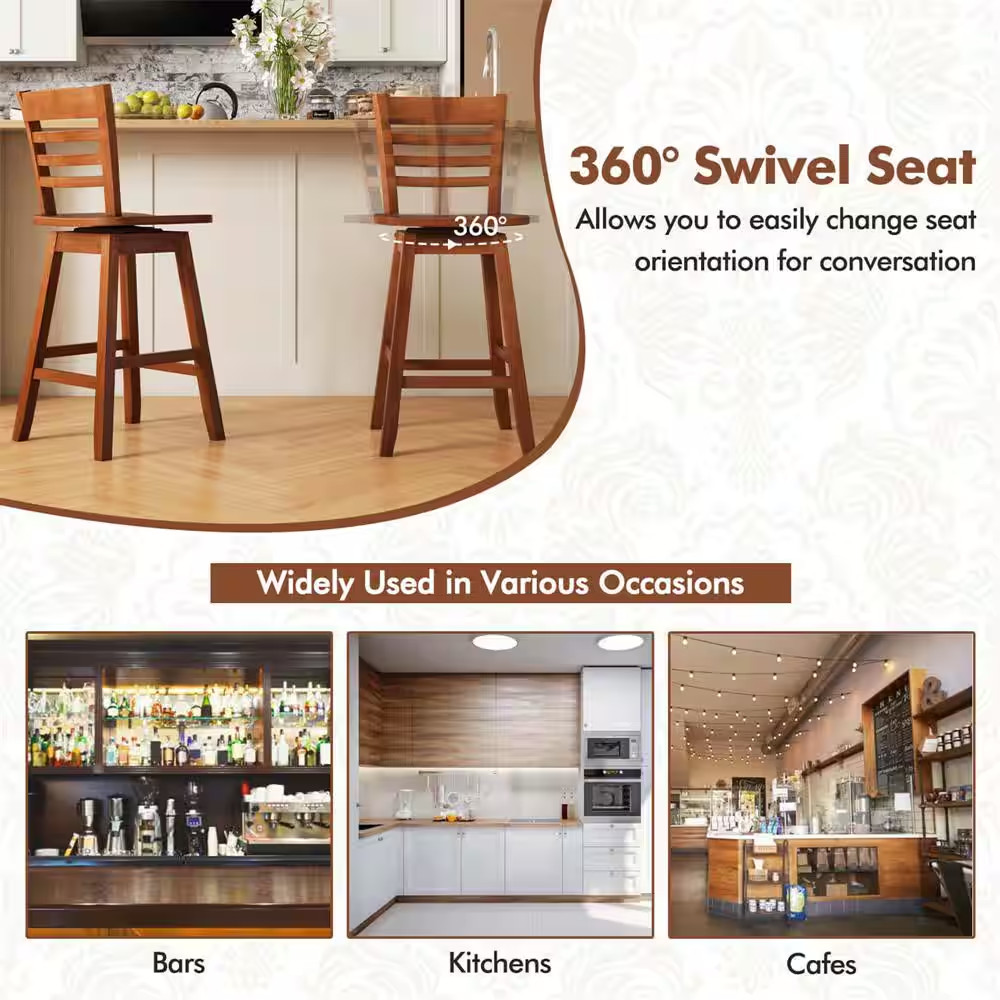 24.5 In. Brown Wood Swivel Bar Stools with Hollow Backrest (Set of 2)