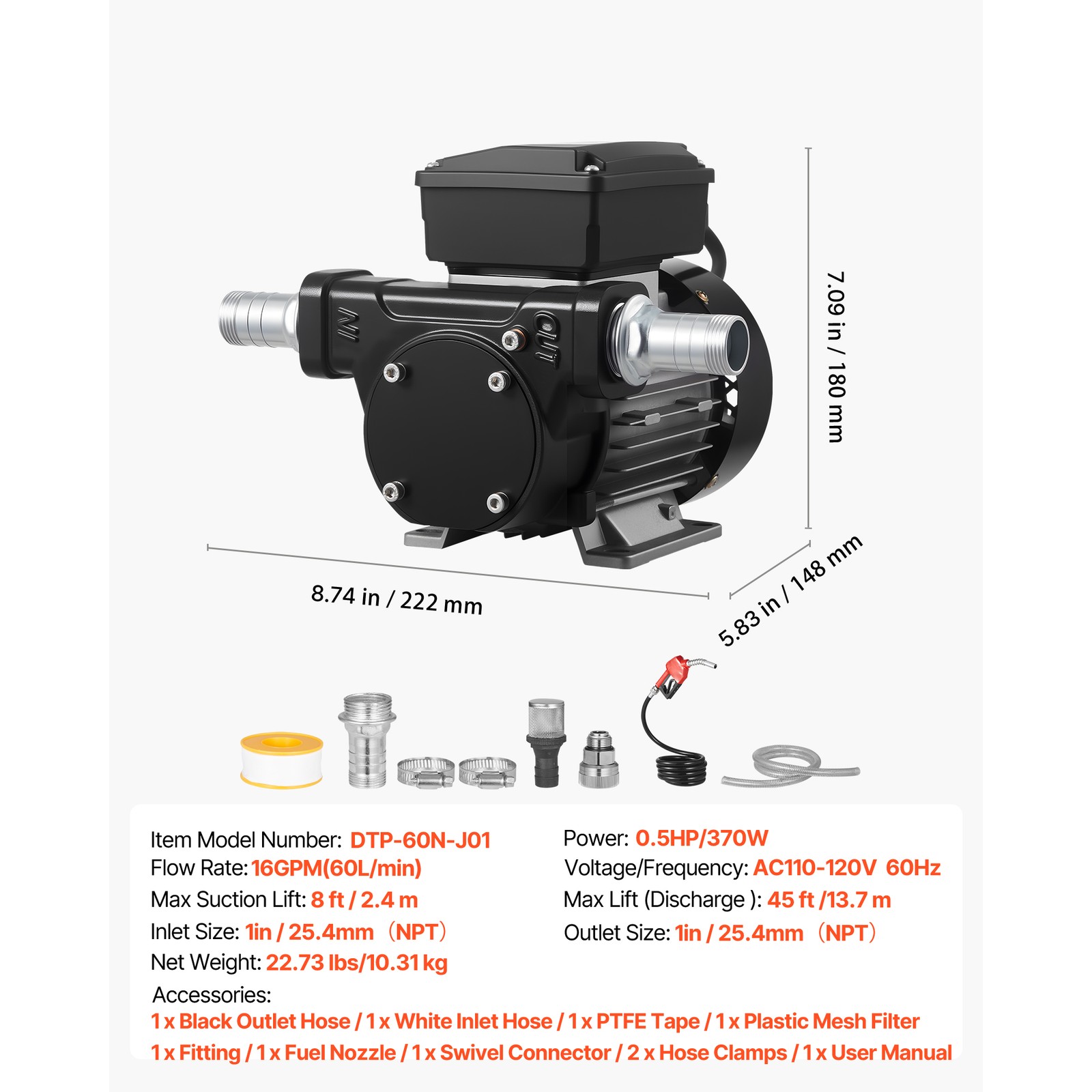 Uimoso Electric Fuel Transfer Pump 110V, 16 GPM, 60 L/min with Fuel Nozzle