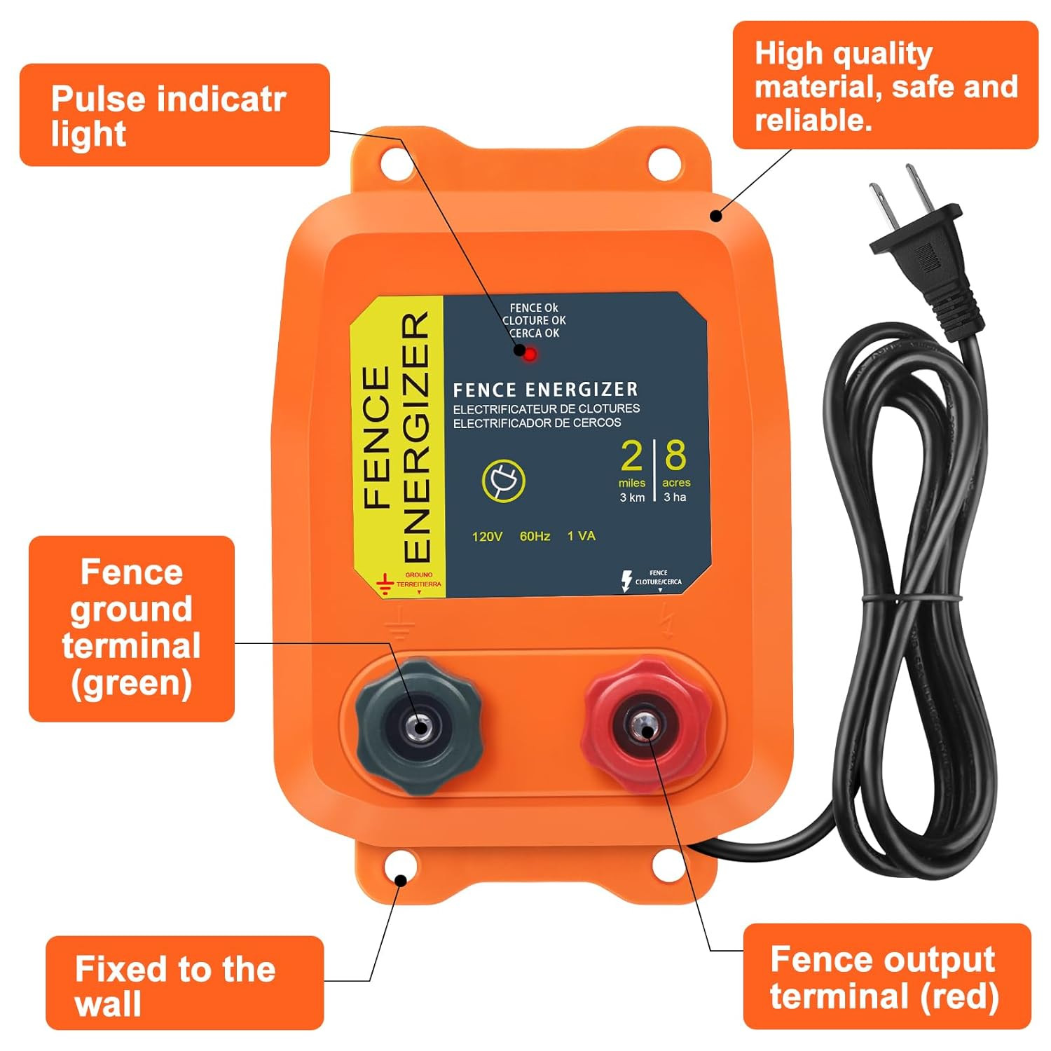 Electric Fence Charger PE2 0.10 Joule, 2-Mile/ 8 Acres Plug in Electric Fence Ch