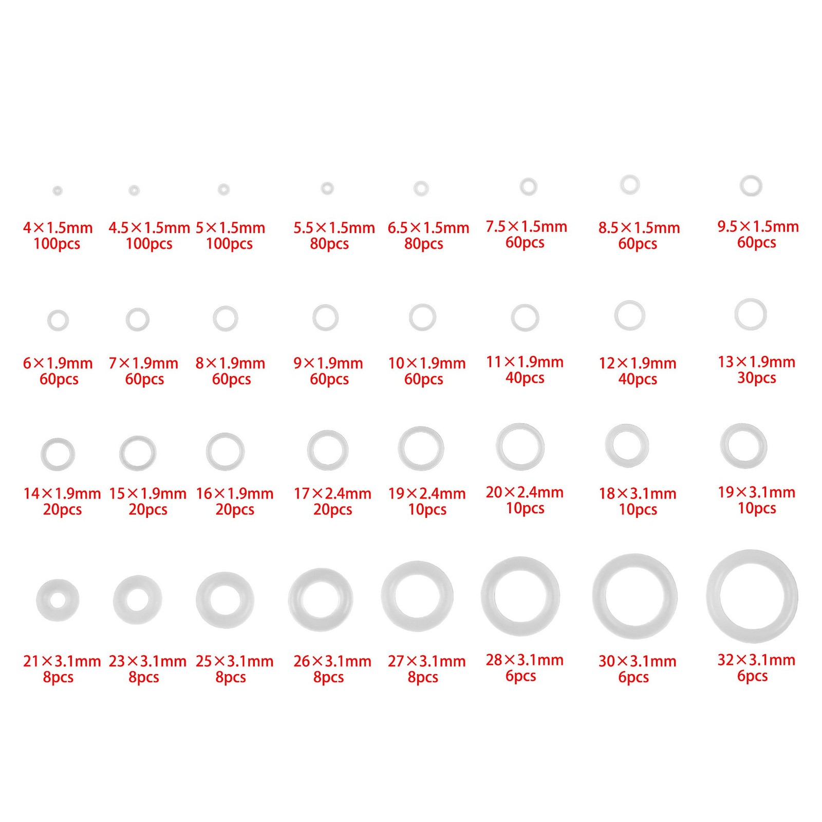 1228 Pcs 32 Size Clear Food Grade Silicone O-Ring Assortment OD 4-32mm