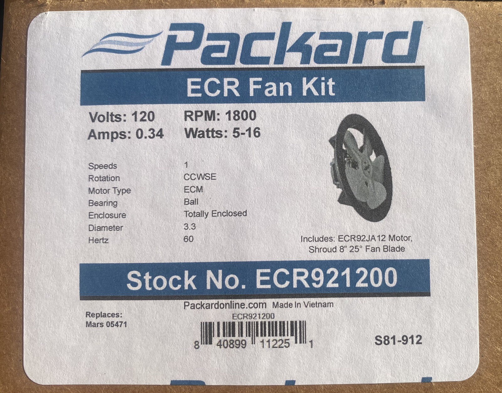 Packard ECR Fan Kit ECR921200 5-16 Watts, 120 Volts, 1800 RPM, .34 Amps