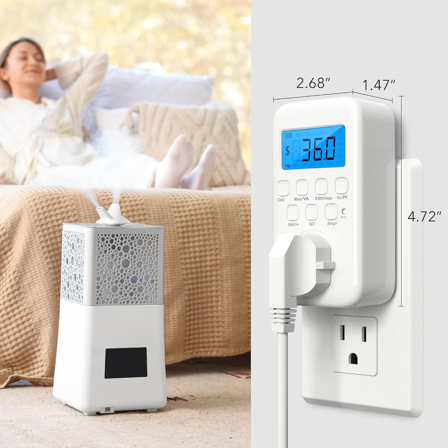 Watt Meter Plug with Backlight, Plug-In Socket Power Meter Electricity