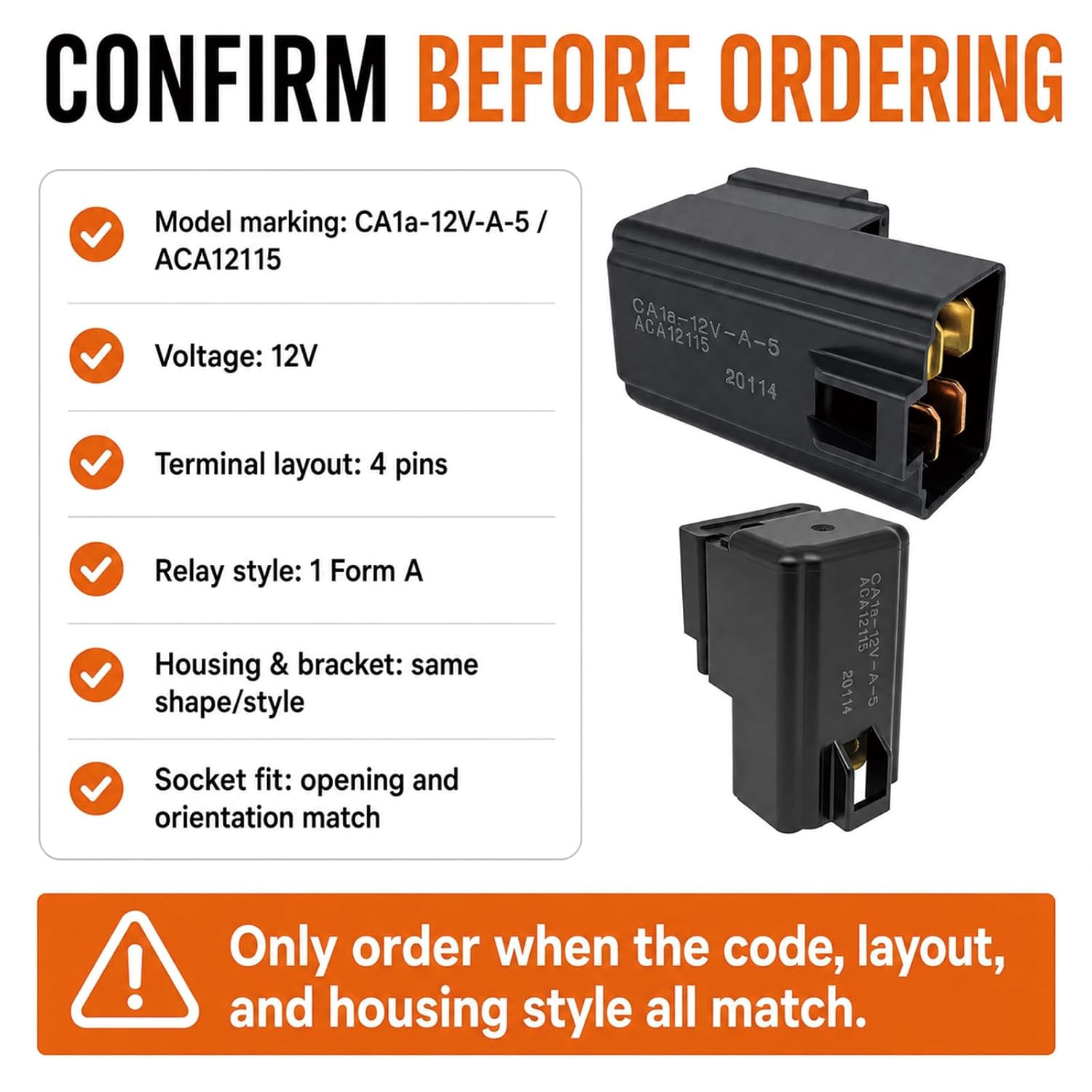 Ca1A-12V-A-5 ACA12115 Relay 12V 30A 4-Pin 1 Form a (1-Pack) | Compatible with Se