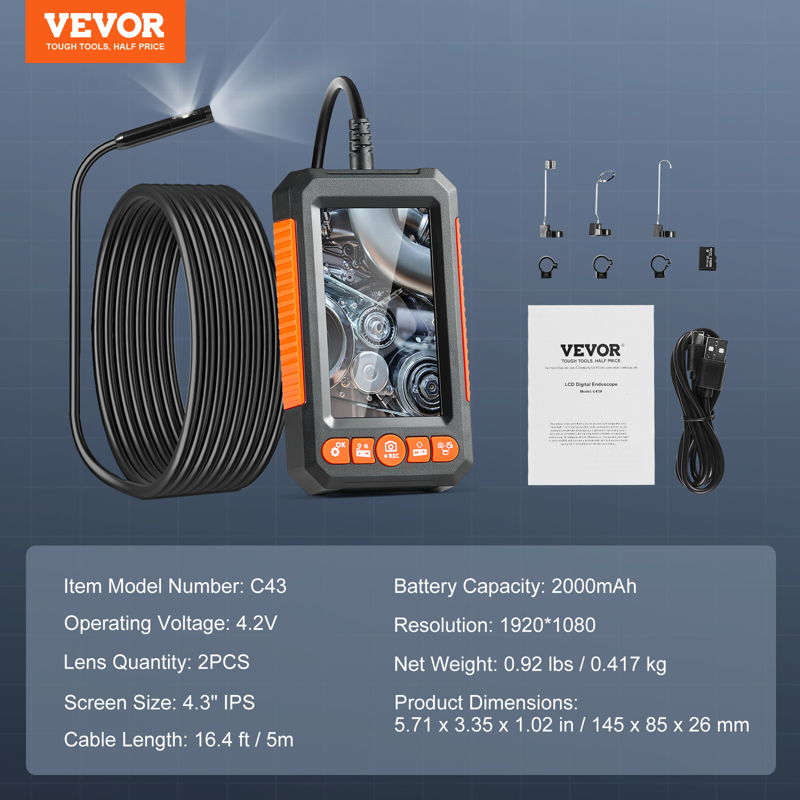 VEVOR Endoscope Camera with Lights Dual Lens Borescope 16.4FT Cable 4.3″ Screen