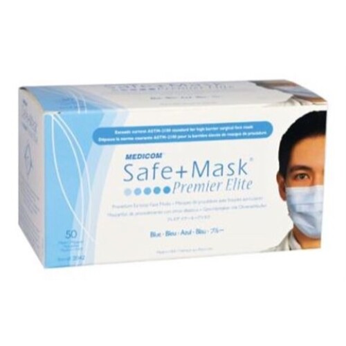 SafeMask Premier Elite ASTM Level 3 Earloop Mask, BFE/PFE ≥ 98%, Blue, 50/Box