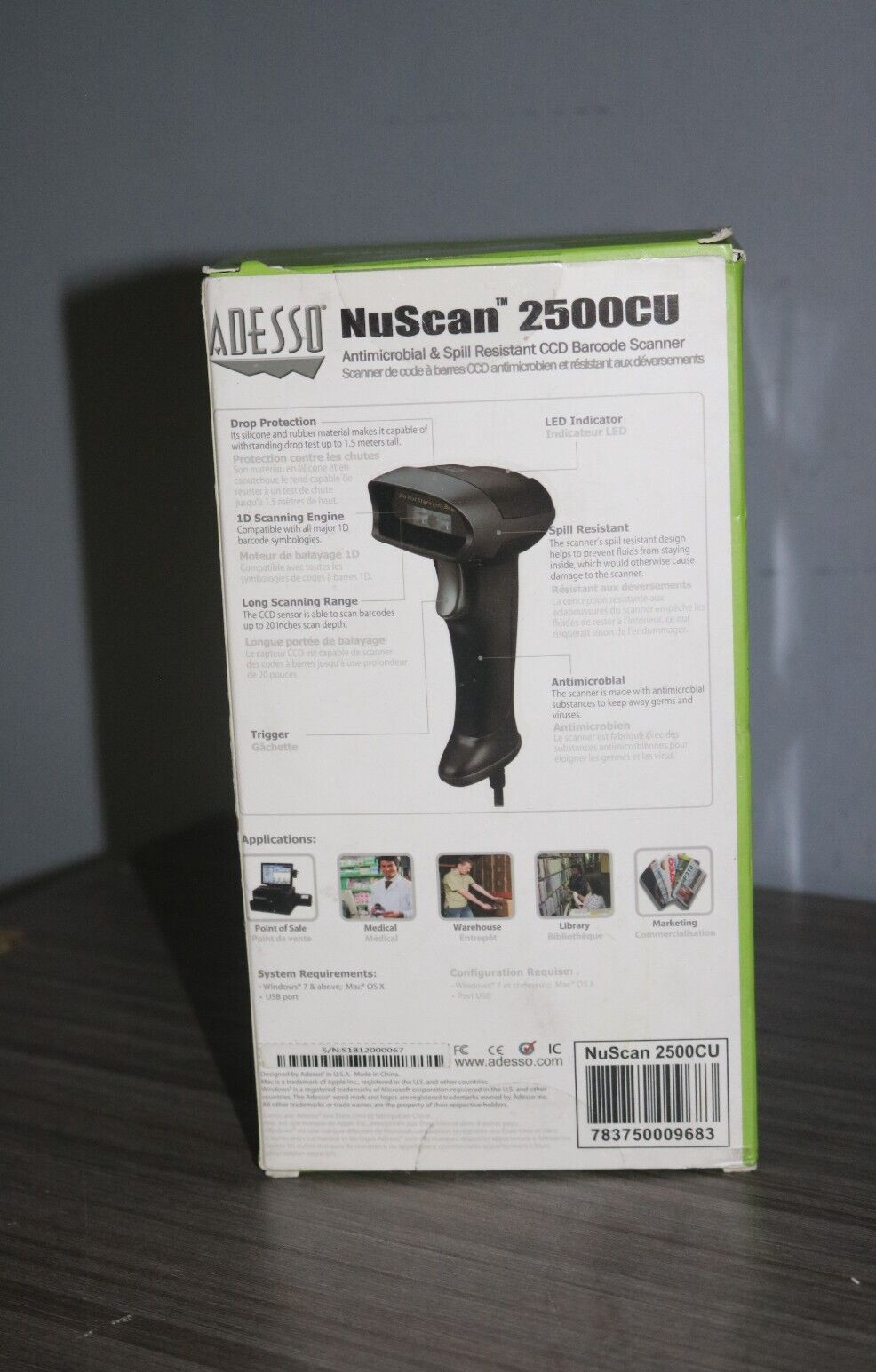 Adesso NuScan 2500CU Spill Resistant Antimicrobial CCD Barcode Scanner.