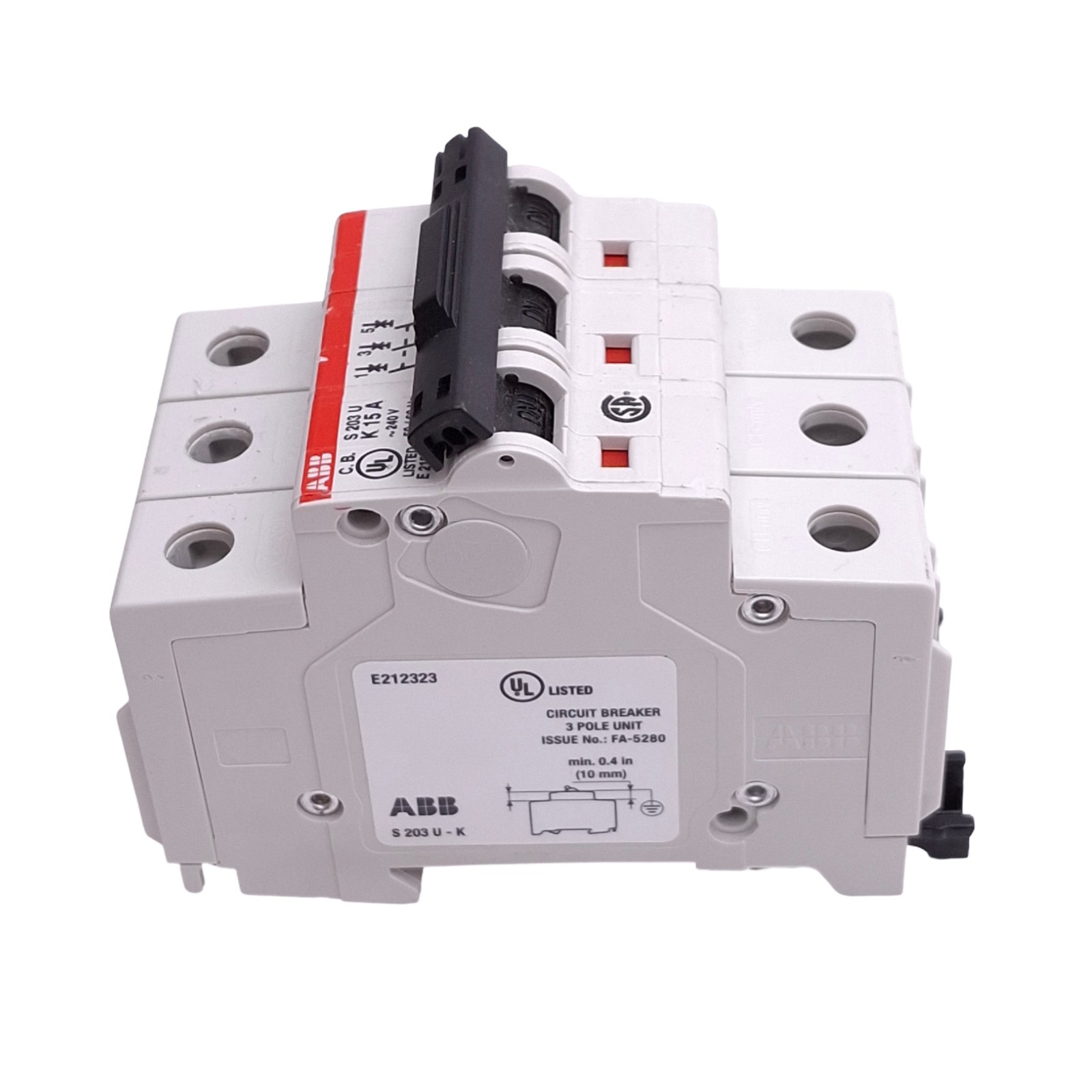 ABB S203U-K15A Circuit Breaker, 3-Pole 15A, 240VAC Max, DIN Rail Mount