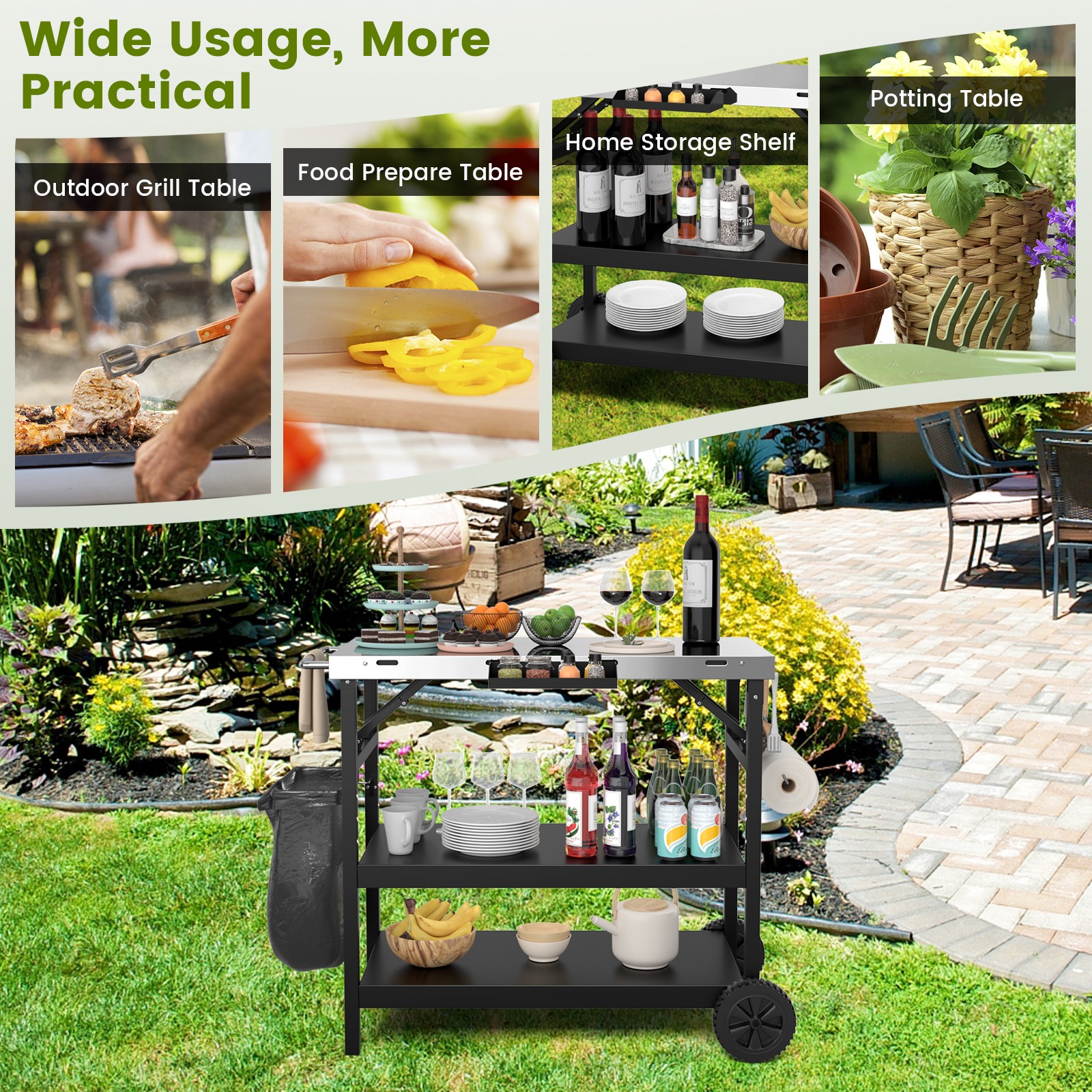 Costway 3-Shelf Movable Grill Cart Table Multifunctional Stainless Steel