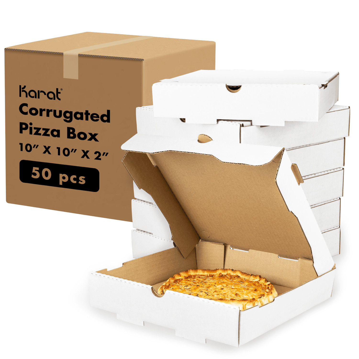 Karat Corrugated Pizza Box, 10”x10”x2”, White – 50 pcs, FP-PBF10W