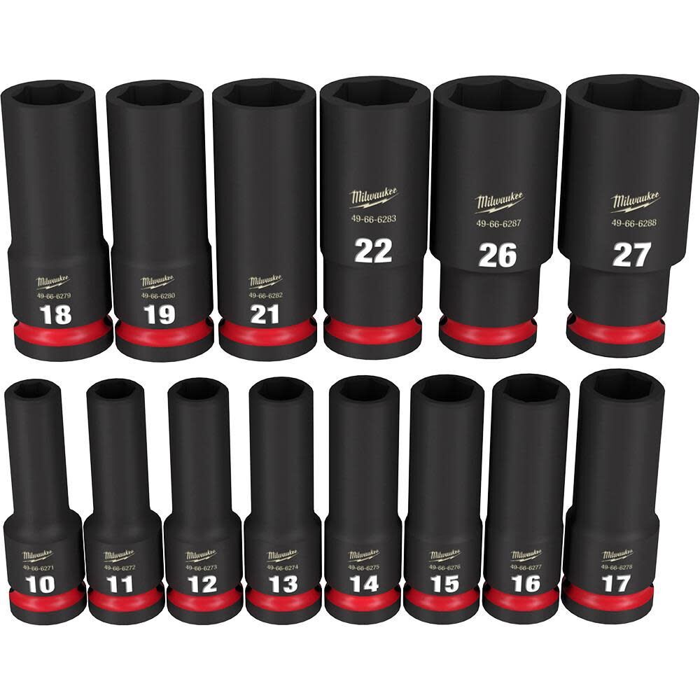 Milwaukee Impact Socket 1/2In Drive Metric Deep 6 Point 14 Pc